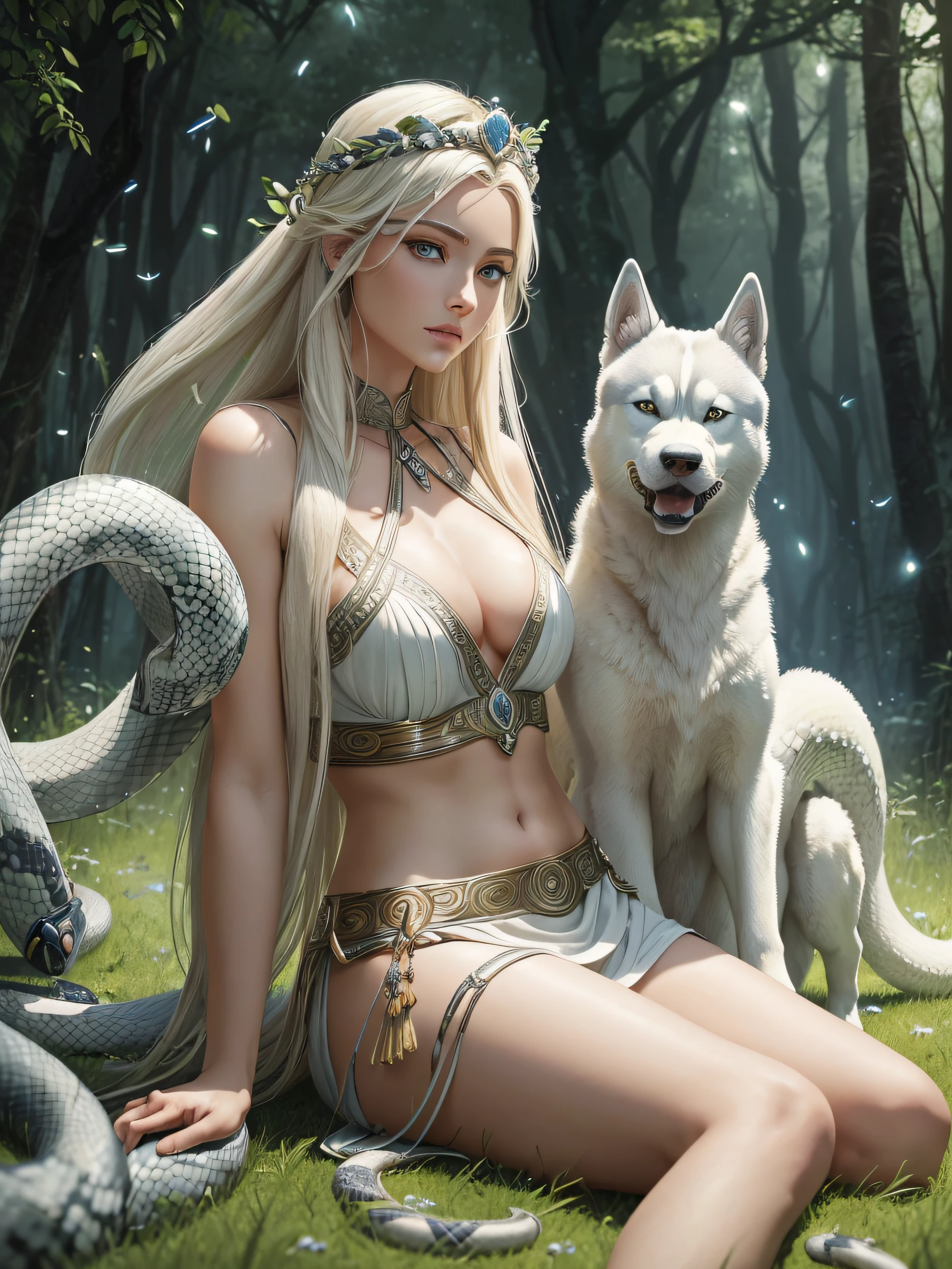 (((Artemis the Greek goddess of hunting sitting on the grass with her husky white hairy dog beside her)), (((behind her are tonnes of snakes coming towards her))), ((she is dressed in a white long chiton)), (((platinum blond straight hair and blue eyes))), ((capture the snakes behind her and the fireflies)), ((capture her beautiful looks and her husky white hairy dog and the snakes behind her)), very detailed, best quality, 8K, smooth, intricate details, high masterpiece, high quality