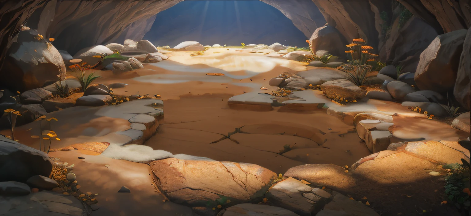 the ground，warm，Rock texture，The texture is clear，There is soil on the ground，Young shoots grow in the soil（speleothems），fanciful，Natural sunlight from the magic sphere，Ray traching，diffuselighting，vivd colour，Rochas（The is very detailed，finely detailled，iintricate），8K分辨率，