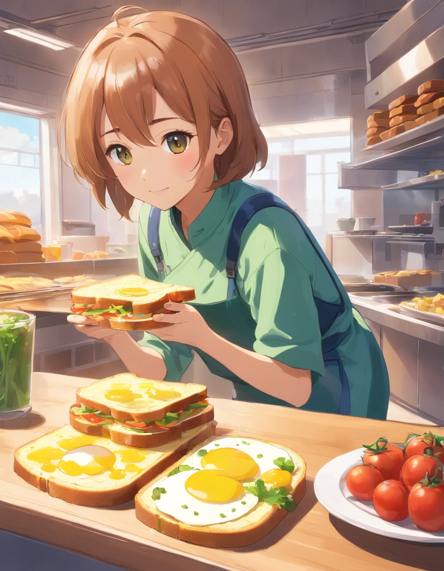 Healthy sandwiches,Omelette with whole wheat bread sandwich,Add lettuce、Tomates,white backgrounid,One subject,There are three colors: red, yellow and green,without humans