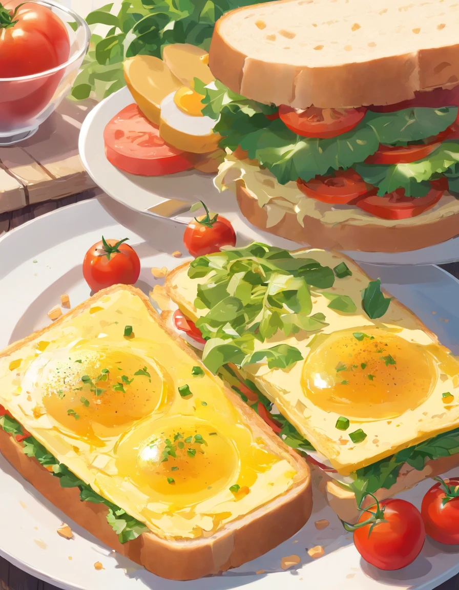 Healthy sandwiches,Omelette with whole wheat bread sandwich，Add lettuce、Tomates,white backgrounid，One subject，There are three colors: red, yellow and green，without humans
