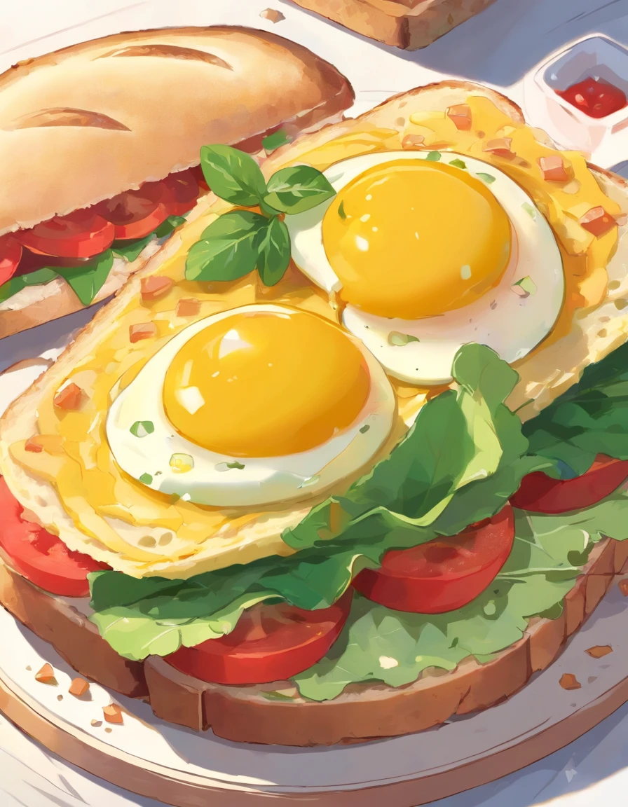 Healthy sandwiches,Omelette with whole wheat bread sandwich，Add lettuce、Tomates,white backgrounid，One subject，There are three colors: red, yellow and green，without humans