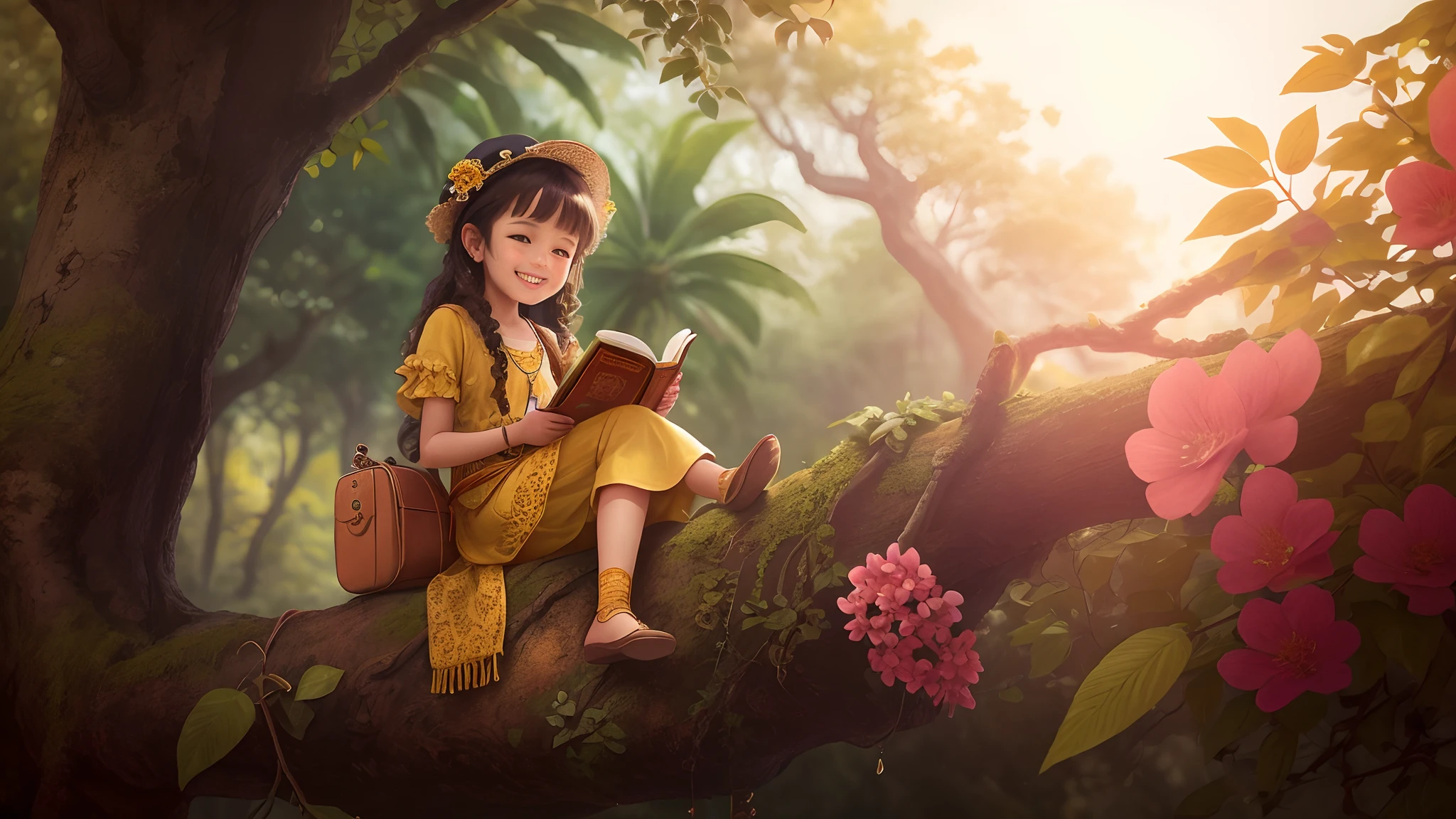 Masterpiece, best quality, one little girl with very detailed beautiful face in tribal yellow clothes, with big brown eyes, she sits on a tree and reads a very old book, she smiles very happy, jungle, very sunny, super detailed