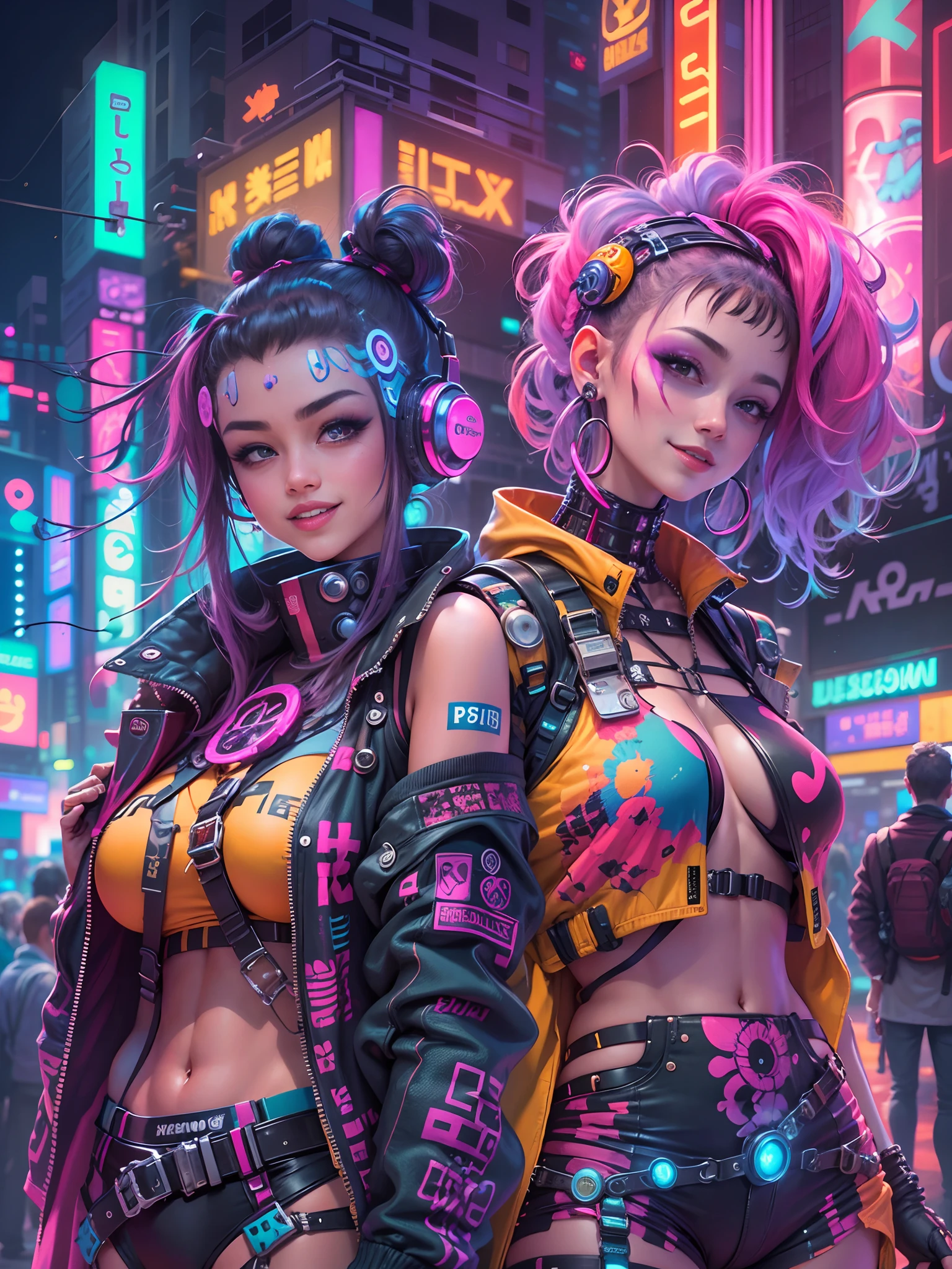 masterpiece, best quality, 2 ((smiling)) cyberpunk girls standing together, Harajuku-inspired cyberpunk body harness, bold colors and patterns, eye-catching accessories, trendy and innovative hairstyle, dazzling Cyberpunk cityscape, skyscrapers, glowing neon signs, LED lights, anime illustration, detailed skin texture, detailed cloth texture, beautiful detailed face, intricate details, ultra detailed, cinematic lighting, strong contrast.