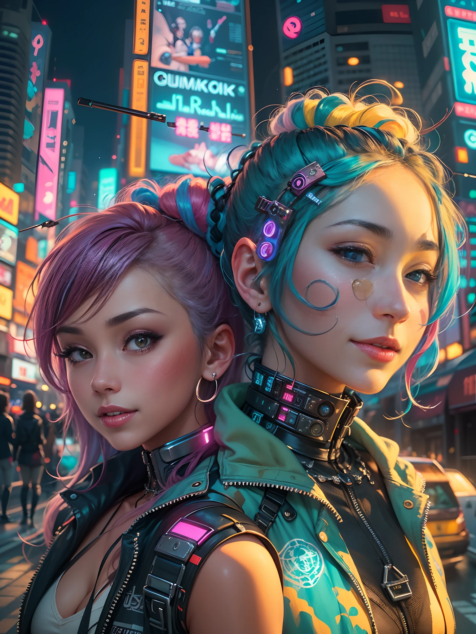 masterpiece, best quality, 2 ((smiling)) cyberpunk girls standing together, Harajuku-inspired cyberpunk body harness, bold colors and patterns, eye-catching accessories, trendy and innovative hairstyle, dazzling Cyberpunk cityscape, skyscrapers, glowing neon signs, LED lights, anime illustration, detailed skin texture, detailed cloth texture, beautiful detailed face, intricate details, ultra detailed, cinematic lighting, strong contrast.