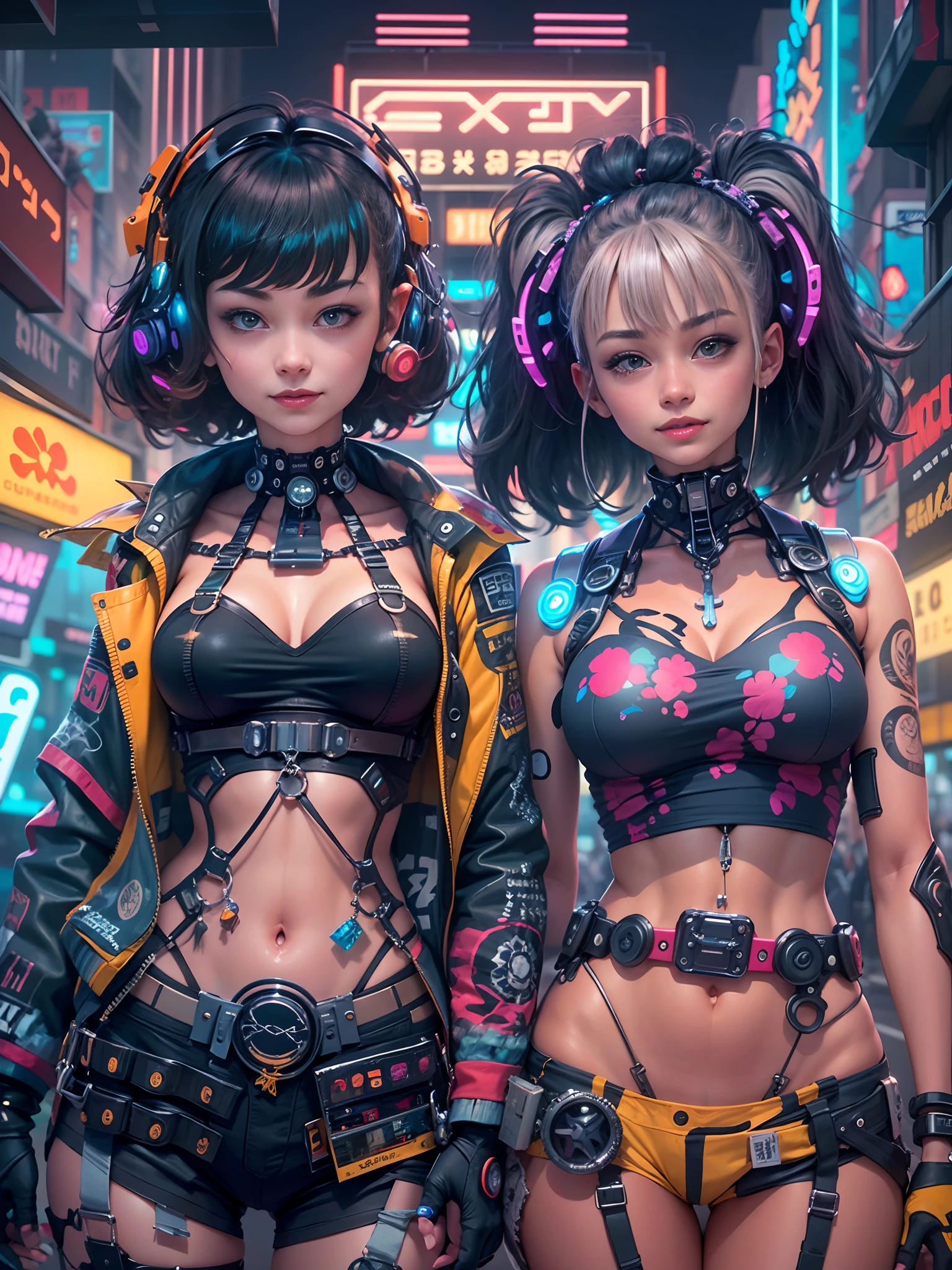 masterpiece, best quality, 2 ((smiling)) cyberpunk girls standing together, Harajuku-inspired cyberpunk body harness, bold colors and patterns, eye-catching accessories, trendy and innovative hairstyle, dazzling Cyberpunk cityscape, skyscrapers, glowing neon signs, LED lights, anime illustration, detailed skin texture, detailed cloth texture, beautiful detailed face, intricate details, ultra detailed, cinematic lighting, strong contrast.