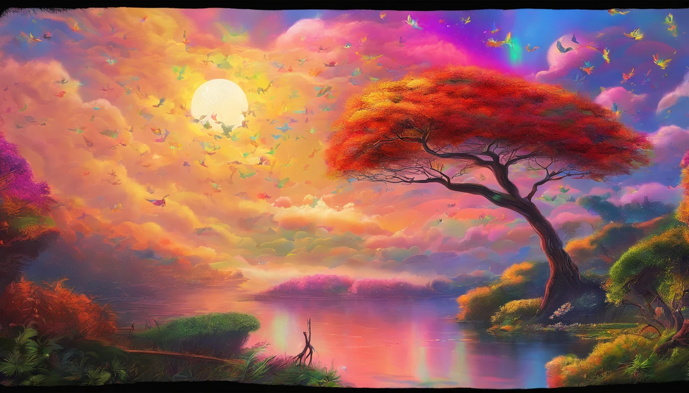（（A rainbow appears in the sky after the rain）），baiyun, after rainny, rays of sunshine, refractions, Seven colors, Red, Orange, Yellow, Green, Blue, Violet, arc-shaped, A bridge to heaven, llight rays, dream magical, wanting, Calm lake, inverted image, The outline of the tree, Birds fly, freshen, magical, Beautiful natural landscape