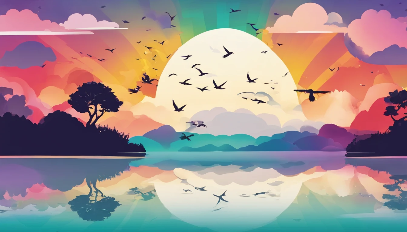 （（A rainbow appears in the sky after the rain）），baiyun, after rainny, rays of sunshine, refractions, Seven colors, Red, Orange, Yellow, Green, Blue, Violet, arc-shaped, A bridge to heaven, llight rays, dream magical, wanting, Calm lake, inverted image, The outline of the tree, Birds fly, freshen, magical, Beautiful natural landscape