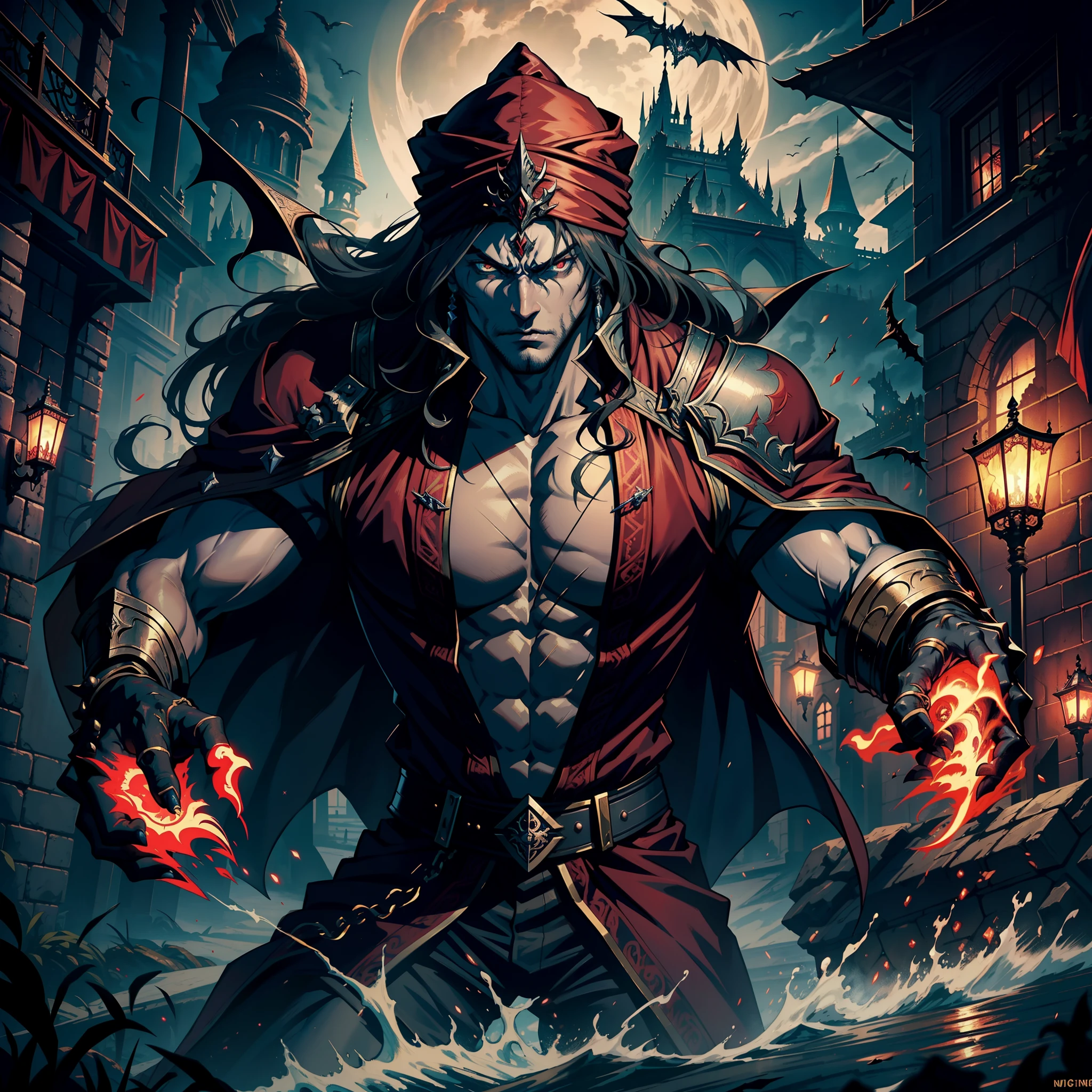 Castlevania Lord of the shadows hyper realistic super detailed Dynamic shot master piece of lord Dracula Arabian warrior medieval with red turban scary face hokuto no ken structure face kenshiro muscular leading troops army of demons to battle sharp détails cinématique scènes movie Epic Legendary hyper realistic