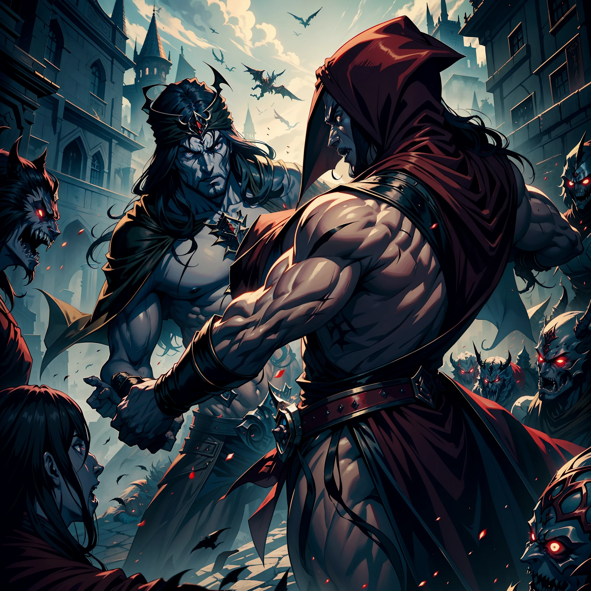 Castlevania Lord of the shadows hyper realistic super detailed Dynamic shot master piece of lord Dracula Arabian warrior medieval with red turban scary face hokuto no ken structure face kenshiro muscular leading troops army of demons to battle sharp détails cinématique scènes movie Epic Legendary hyper realistic