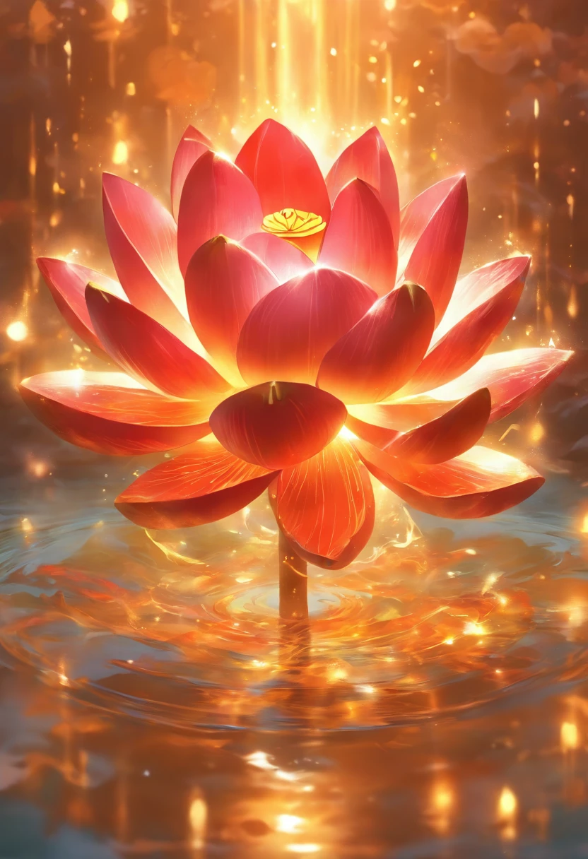 Enlightened mind, Red tones from orange to gold. About the rainbow lotus, And float on transparency, Transparent water, Gold gradient background with light transparency. Golden energy flows out of the flower core.