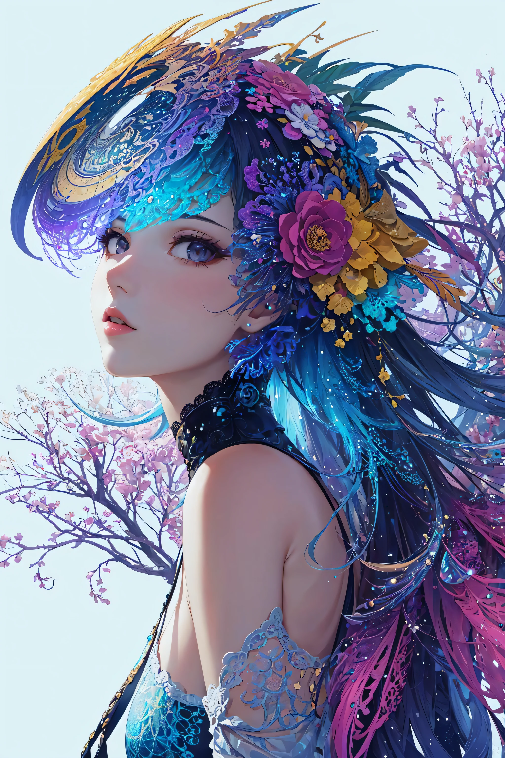 (masterpiece, top quality, best quality, official art, beautiful and aesthetic:1.2), (1girl), extreme detailed,(fractal art:1.3),colorful,highest detailed,upper body, [lace],[jewelry],[flower],[[butterfly]],