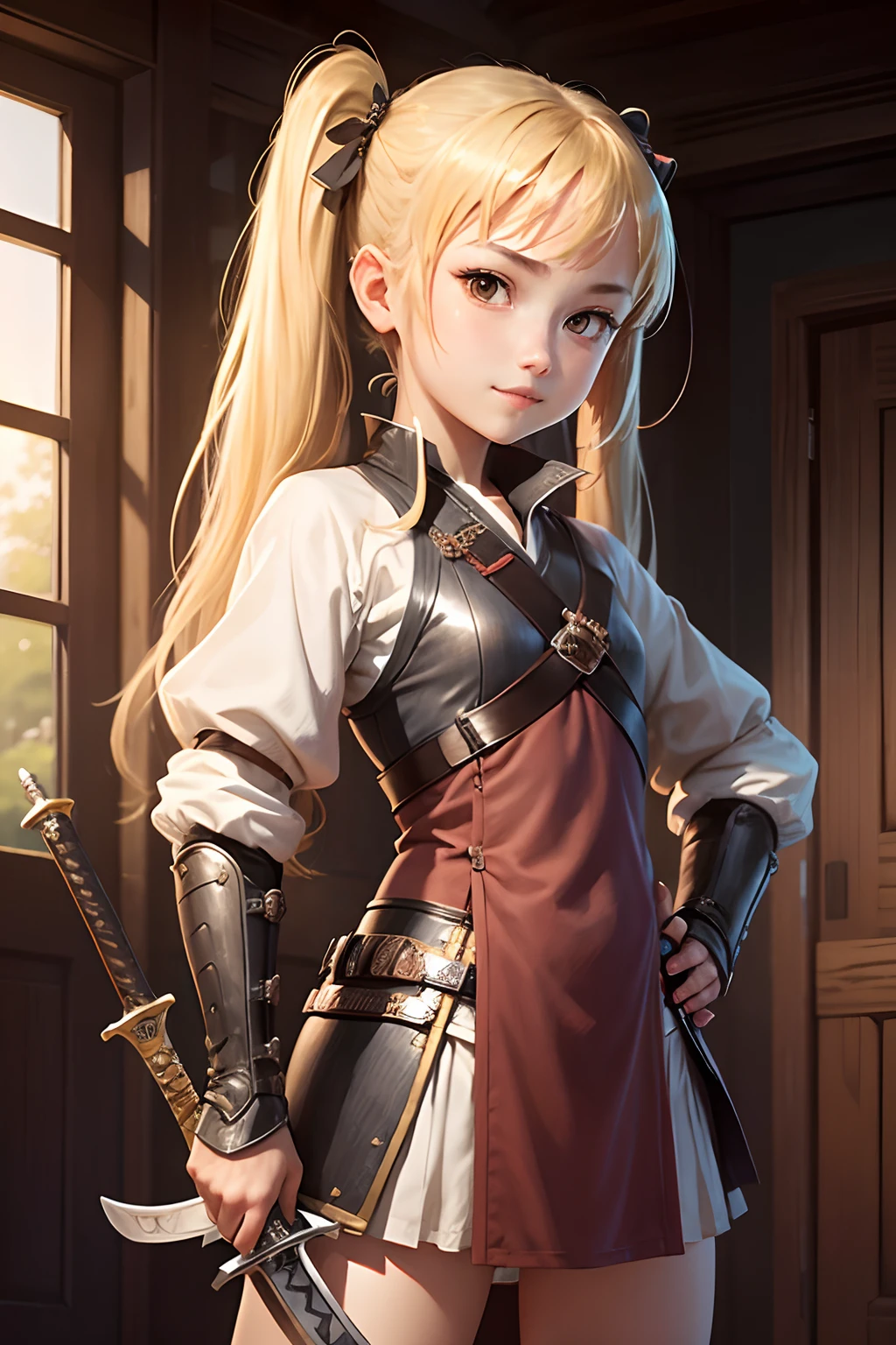1girl in, Solo, arma, Sword, Brown eyes, Looking at Viewer, Lips, put hands on the hip, scabbard, Smile, katanas, Upper body, Closed mouth, sheathed, Petite little girl with blonde twin tails with hands up