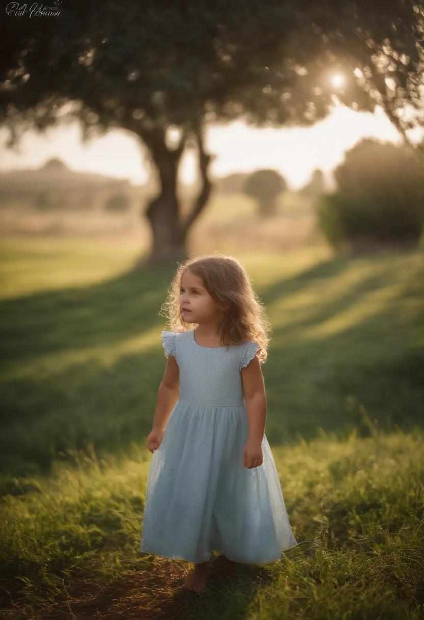 (8k, Foto RAW, La mejor calidad, Obra maestra), ultrahigh resolution, (realista, foto realista), 1 girl 3-, sin emociones, solamente, cabello rubio, ojos verdes, Pro Lighting, detailed lighting, Luz de fondo, Profundidad de campo, natural lighting, foco nítido, Distancia de disparo de dos metros, professional photo shoot, ojos detallados, ojos realistas, Sombra detallada, vestida con un vestido blanco antiguo, and in the background a landscape in the morning