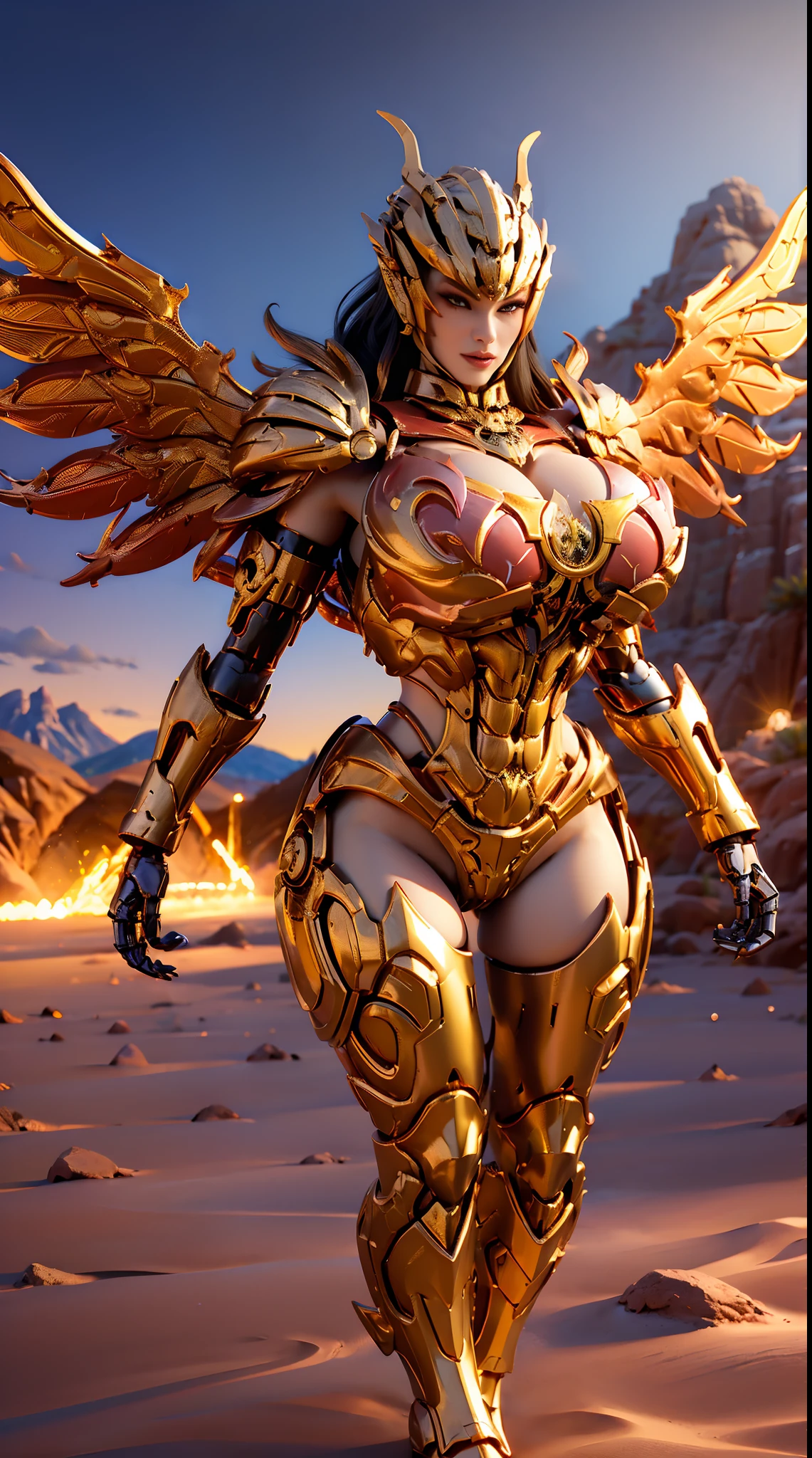(DRAGON QUEEN HELM), (HUGE FAKE BOOBS), (BEAUTIFUL FACE), (GOLD, RED), (DESERT MOUNTAIN), (((A PAIR OF GIGANTIC MECHANICAL WINGS SPREAD OUT))), FUTURISTIC PHOENIX MECHA BODYSUIT, (CLEAVAGE), (SKINTIGHT YOGA PANTS), (HIGH HEELS), (PERFECT BODY:1.2), (FULL BODY VIEW), (LOOKING AT VIEWER), (WALKING DOWN:1), SEXY MUSCULAR BODY, (MUSCLE ABS), UHD, 8K, 1080P.
