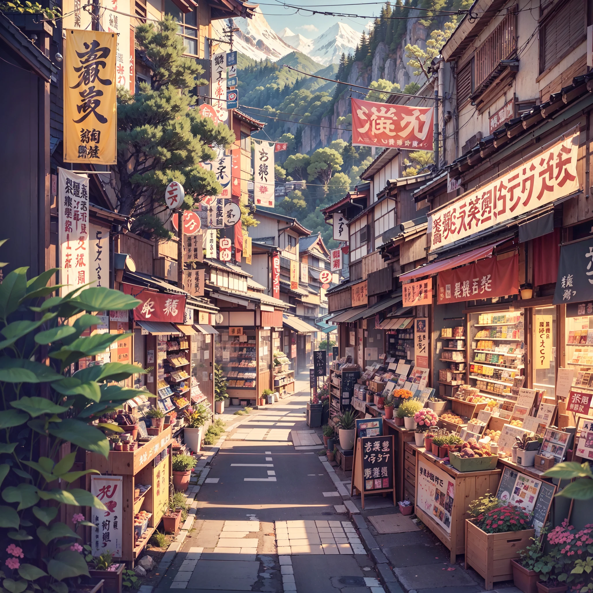 anime background, anime wallpaper, anime, anime style, lofi, lofi style, modern japanese rural street, mountains, uphill, modern japanese architecture, japanese convenience store, big retro japanese shop signs, retro japanese store, trees, plants, rocks, plant pots, shop signs, japanese banners, japanese signs, flags, sunrise, golden hour, golden lighting, empty street, no one in sight, (no one: 1), best quality