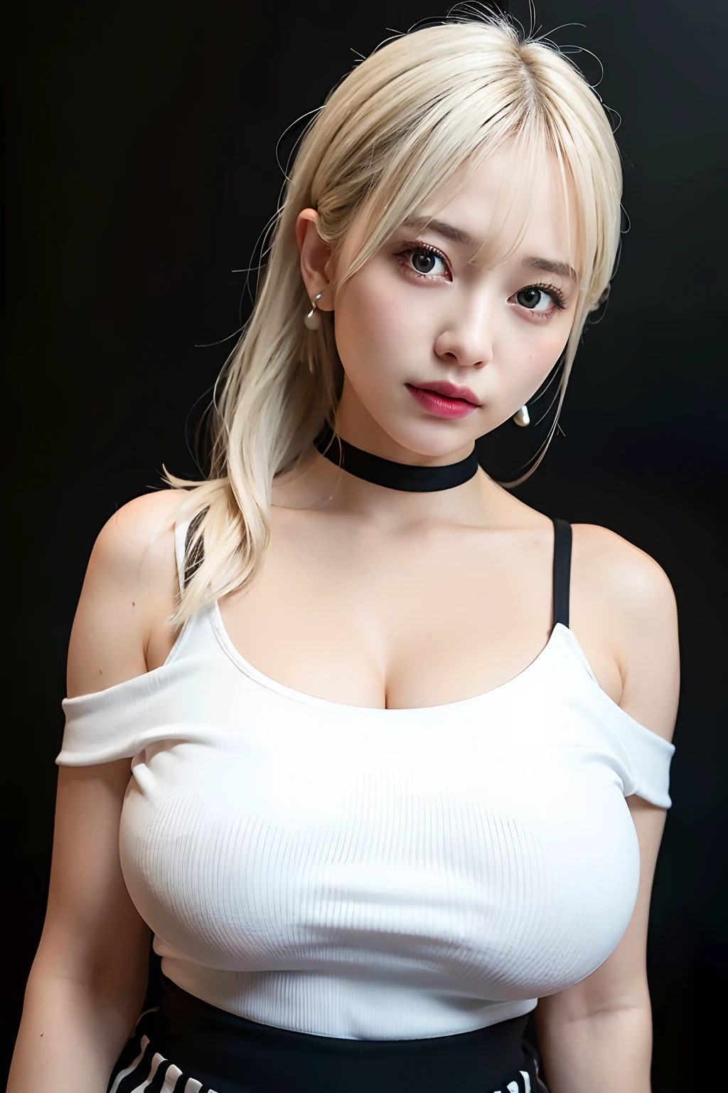 best quality, ultra high res, (photorealistic:1.4), 1girl, off-shoulder white shirt, black tight skirt, black choker, (faded ash gray hair:1), (huge breasts:1.2), looking at viewer, closeup ,