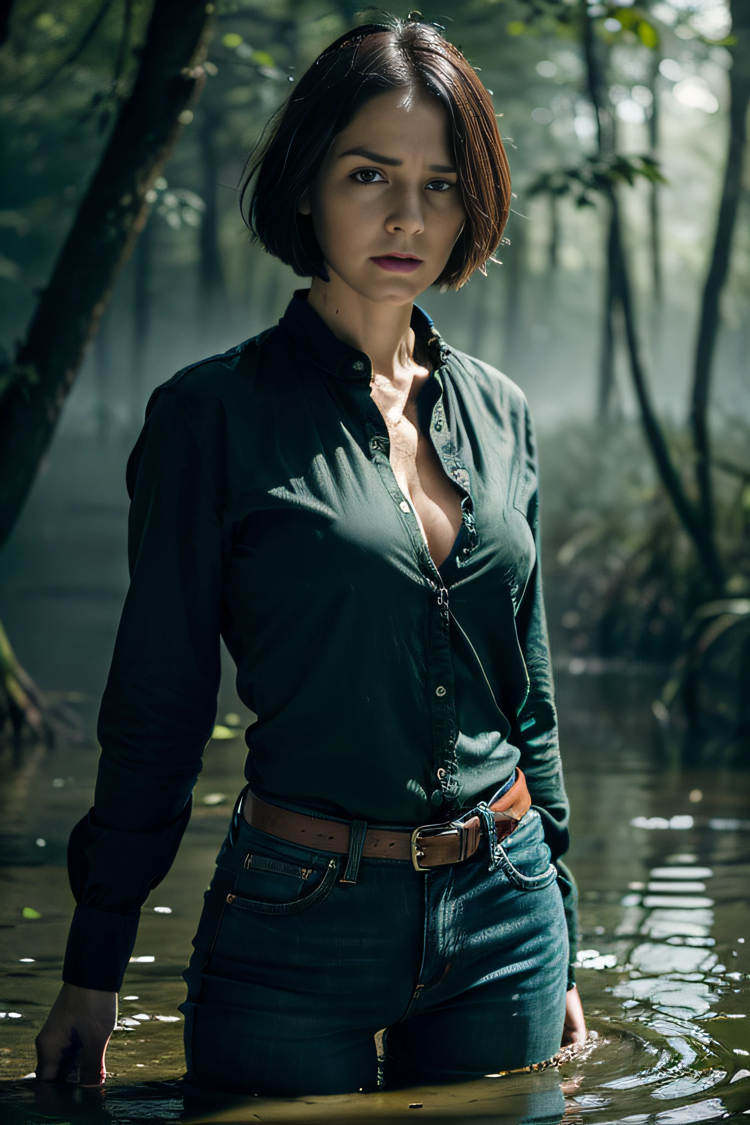 "(Best Quality,hight resolution:1.2),The woman,Expressive wrinkles,Bob haircut,Jeans,blouse,thicket,woods,(drowning in a swamp:1.3),dread,compulsion,Detailed eyes and face,elongated,expression of despair,Dark and moody lighting,Wrestling Hands,ominous vibe,tragic, death,(masochism),Sexual tension,thriller"