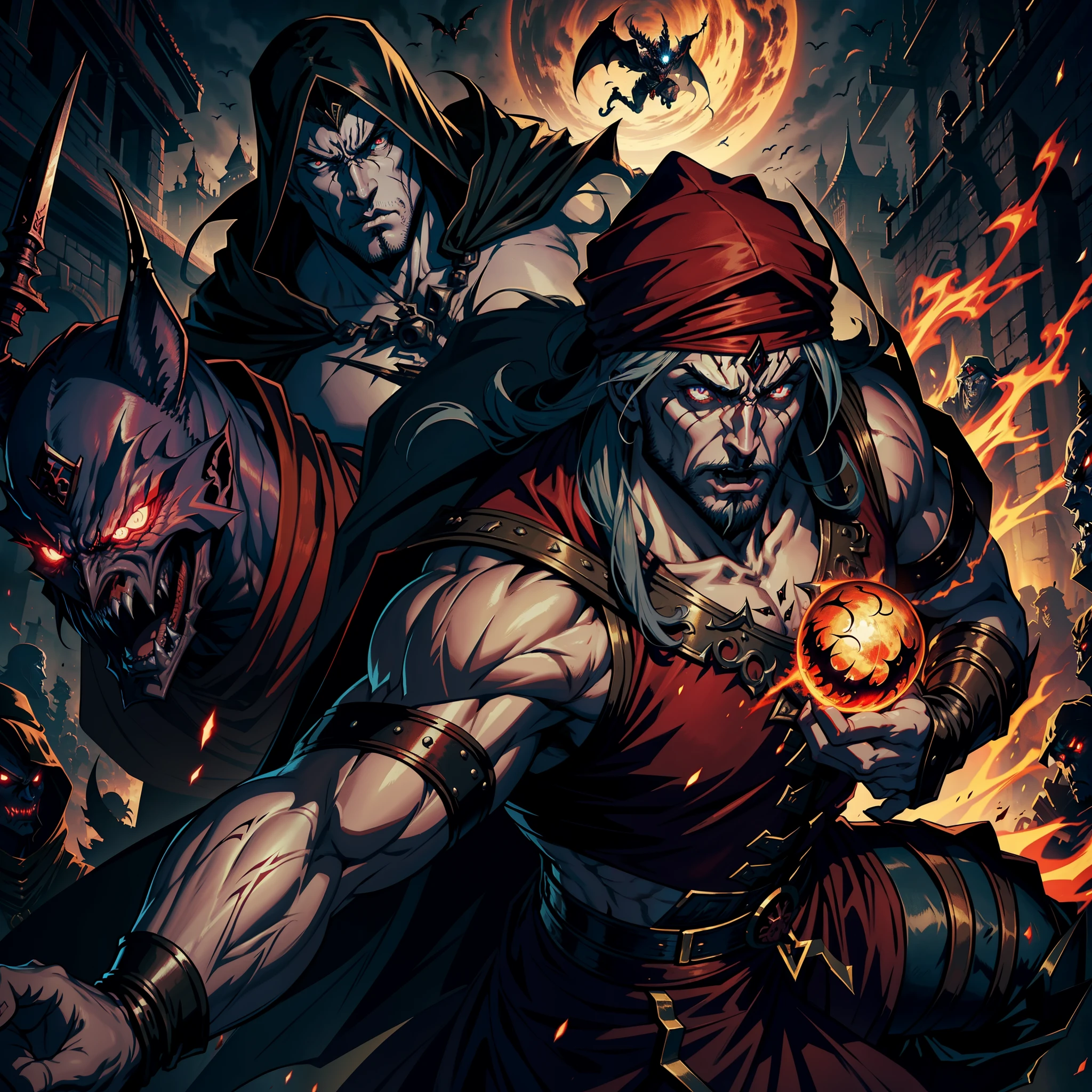 Castlevania Lord of the shadows Hyper Realistic Shadow Lord Super Detailed Dynamic Shot Master Piece of Lord Dracula Medieval Arab Warrior with Red Turban Scary Face Hokuto No Ken Structure Muscle Face Kenshiro Troops at the head Army of demons to fight Sharp details Cinematic Scenes Epic Movie Hyper Realistic Movie Legendary Movie Full Scene Full Body Display Full Body Pose Three Points Perspective Bottom Plane Centerpiece Scene Different Poses of action