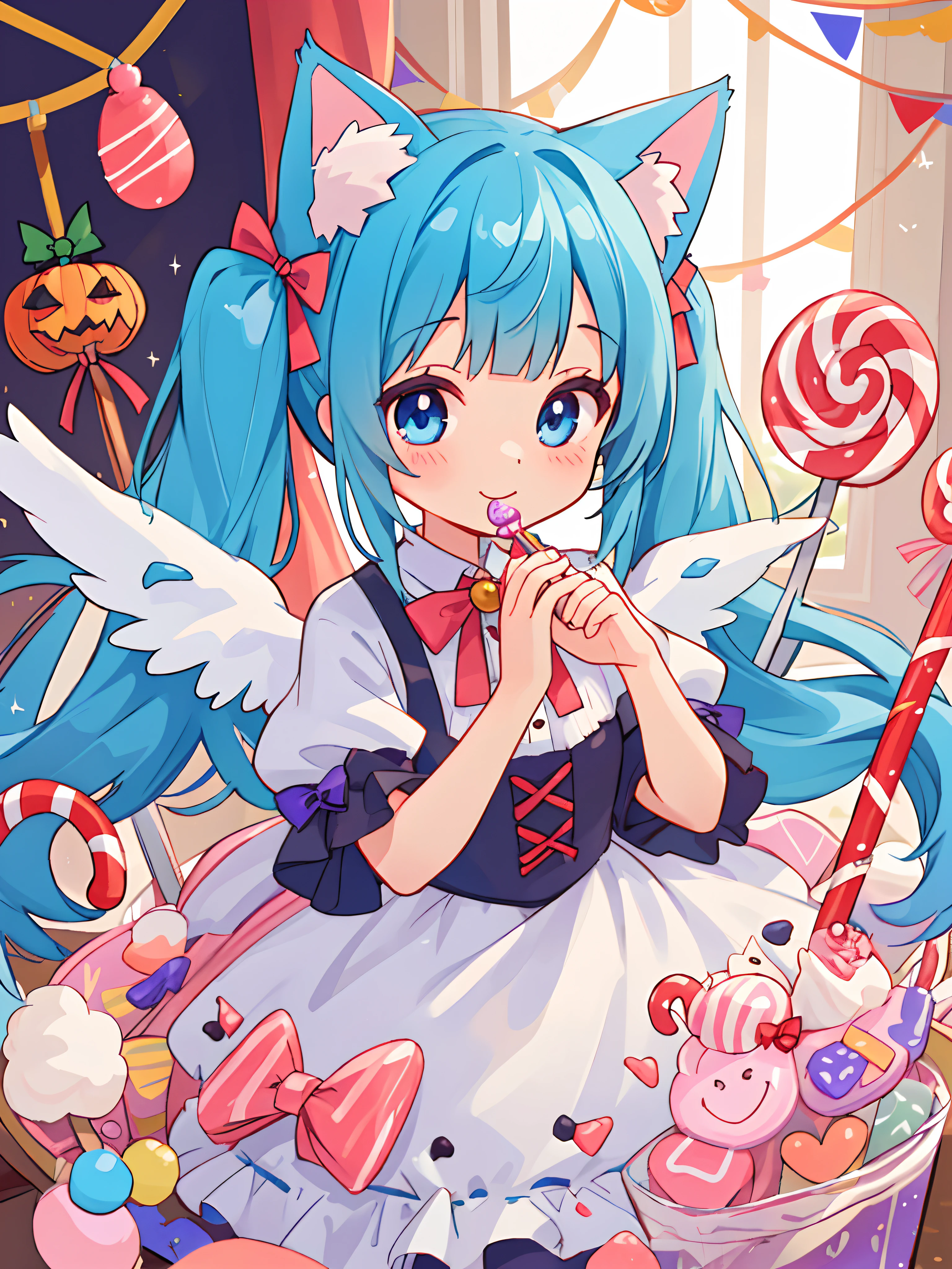 {UHD, vibrant colors, official art, girl, masterpiece, sharp focus, best quality, playful patterns}
{blue hair, twin tails, long hair, cat ears, fluffy hair in ears}
{ultra-detailed eyes, blue eyes, cheerful expression:1.5, rosy cheeks, bright curious eyes}
{adorable confectionery-themed costume that reflects the sweet and playful atmosphere of the factory, ta fashion, cute confectionery outfit resembling a mix of candy wrappers}
{White wings:1.5}
BREAK
{candy factory in preparation for Halloween, oversized candy canes, lollipops, swirling candy floss machines}
{nice hands, perfect hands}