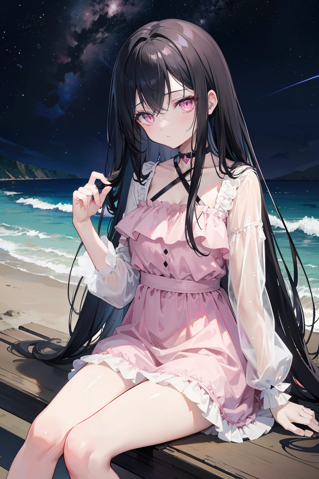 anime girl, long black hair, pastel pink eyes, sitting on the beach at night with a dark starry sky that is very detailed, dark environment, in a white and pink dress, good anatomy, 8k, high resolution