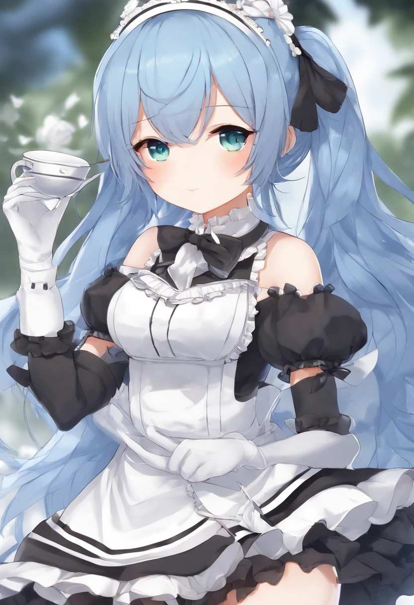 Dressed in black and white、Anime character with blue hair and black gloves, maid clothes, azur lane style, Cute anime waifu in a nice dress, from girls frontline, from the azur lane videogame, anime girls in maid costumes, characters from azur lane, maid dress, girls frontline style, Fine details. girls' frontline, loli in dress