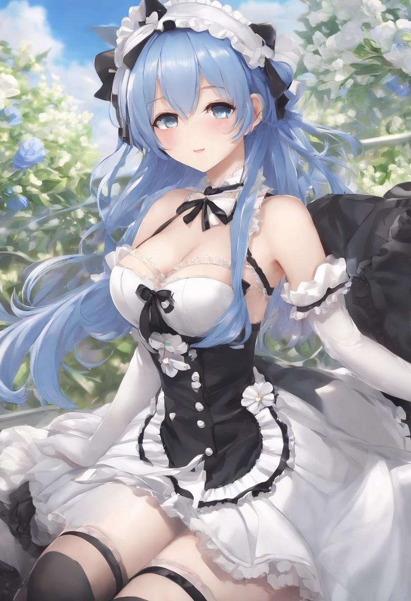 Dressed in black and white、Anime character with blue hair and black gloves, maid clothes, azur lane style, Cute anime waifu in a nice dress, from girls frontline, from the azur lane videogame, anime girls in maid costumes, characters from azur lane, maid dress, girls frontline style, Fine details. girls' frontline, loli in dress