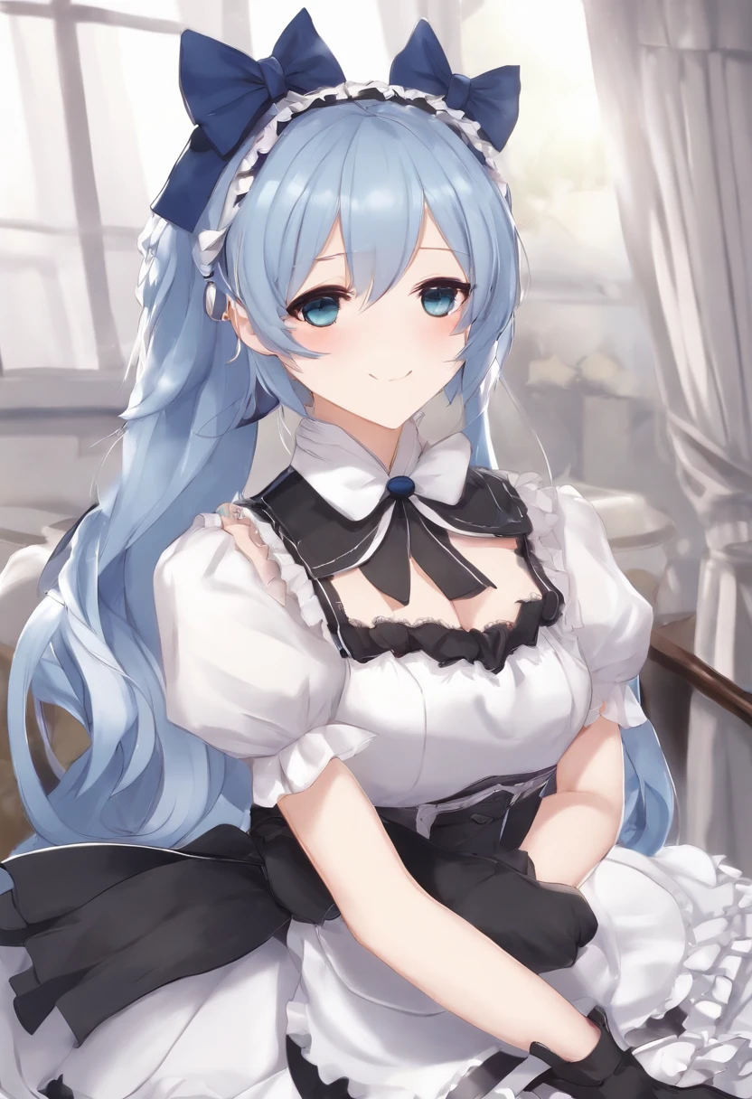 Dressed in black and white、Anime character with blue hair and black gloves, maid clothes, azur lane style, Cute anime waifu in a nice dress, from girls frontline, from the azur lane videogame, anime girls in maid costumes, characters from azur lane, maid dress, girls frontline style, Fine details. girls' frontline, loli in dress