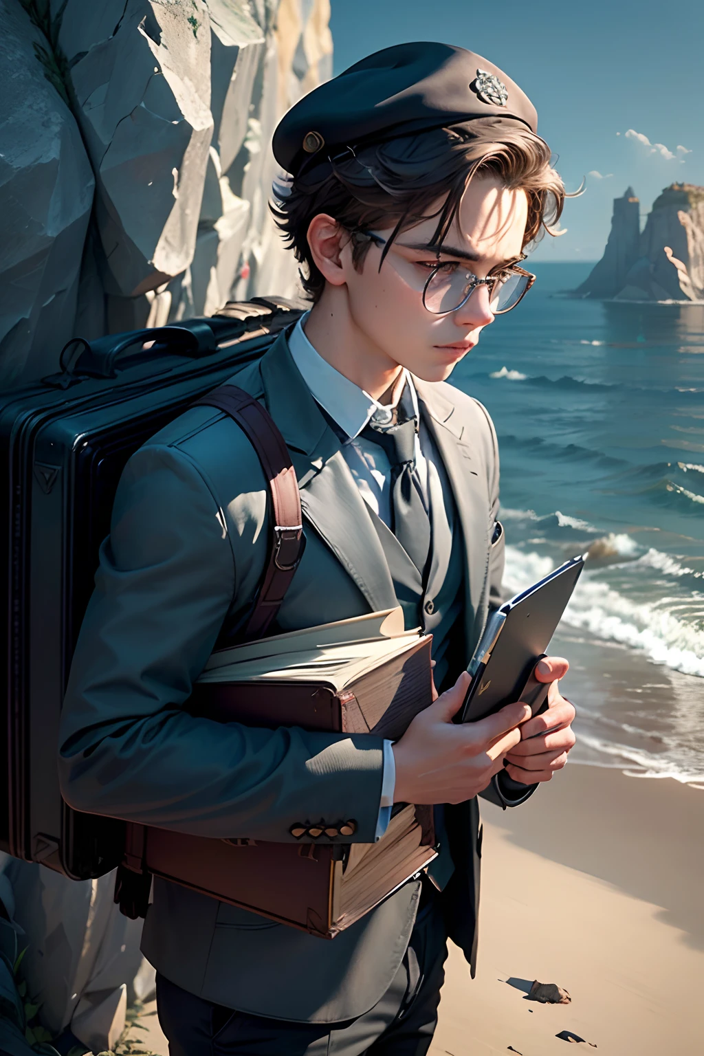 A boy contemplating his career choices，ocean background,standing on a cliff, serious expression，wearing glasses，holding a briefcase, surrounded by a stack of books, looking at a compass, with a graduation cap on his head, determining his future, thinking outside the box, exploring different possibilities, confident and determined, considering various professions (engineer, doctor, artist, musician), divergent thinking, exploring his passions, unlimited potential, ready to tackle challenges, surrounded by inspiration, thriving in the face of uncertainty，(best quality,4k,8k,highres,masterpiece:1.2),ultra-detailed,(realistic,photorealistic,photo-realistic:1.37)，HDR,UHD,studio lighting, professional, vivid colors, bokeh, vibrant and dynamic atmosphere