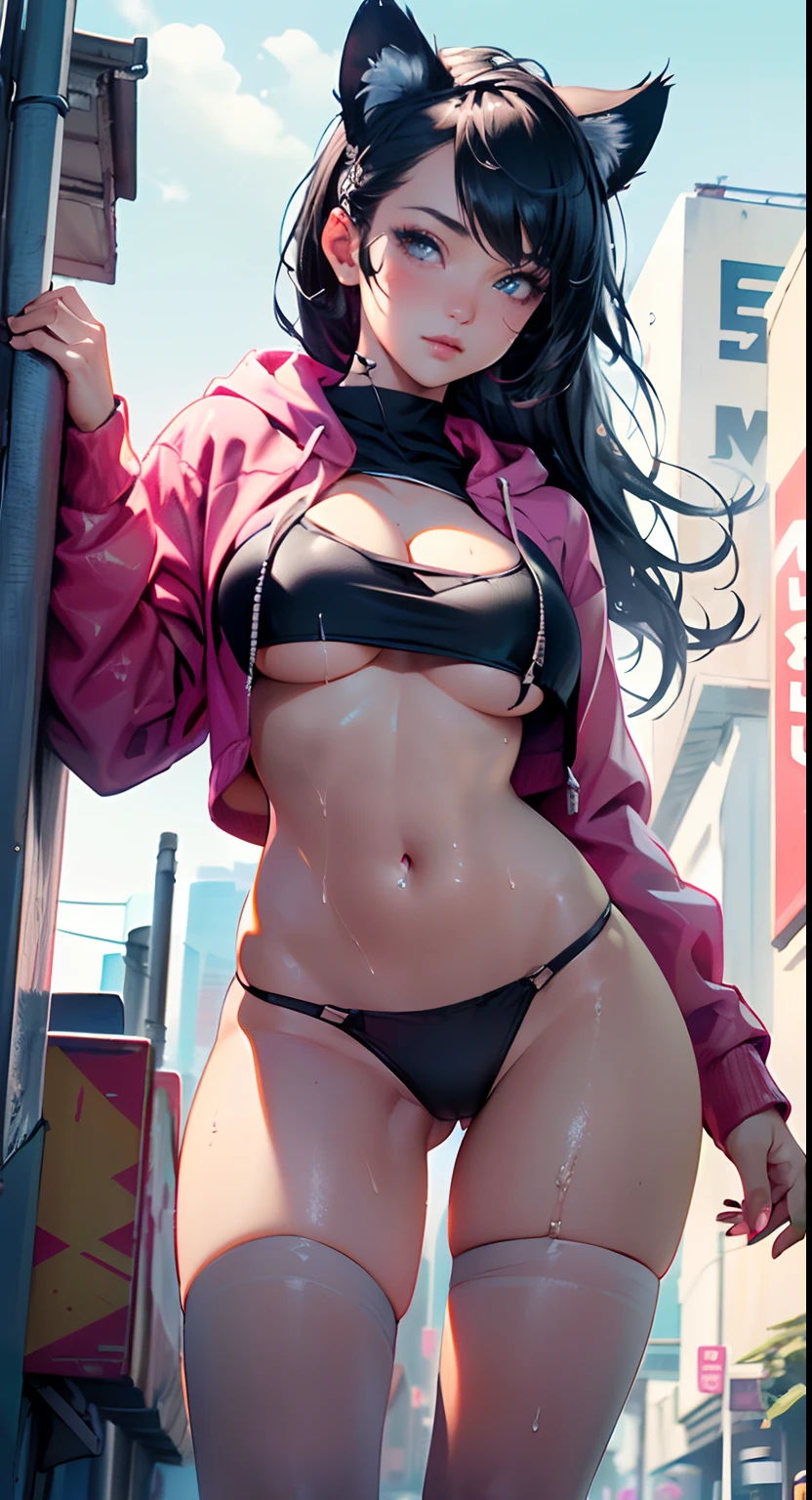 girl spacepunk,(((1girl))),((beautiful girl with cute cat ears)),
(large breasts:1.4),saggy breasts,((black hair,black messy hair,colored inner hair,long hair:1.5,absurdly long unkempt hair:1.35,long black hair,ear breathing,intricate cut hair)),((((cat ears,cat ears on head,big cat ears)))),(((eyes pink:1.3))),intricate eyes,beautiful detailed eyes,symmetrical eyes,((fat)),(((lustrous skin:1.5,bright skin: 1.5,skin tanned,shiny skin,very shiny skin,shiny body,plastic glitter skin,exaggerated shiny skin,illuminated skin,wet legs))),(spider lower abdomen,narrow waist,wide hip,athletic body,inflated legs,delicate detailed fingers,detailed body,human hands,(detailed face)),
cute,slutty,seductive,erotic,(((nsfw))),
(graffiti art in clothes),zettai ryouiki,revealing clothing,show skin,((((underboob)))),((cleavage)),(semi-naked,with little clothing,((tiny thong, armor thong intricate)),large sport socks,visible thong straps,no bra),((((crop top hoodie,cropped hoodie,hoodie,hoodie intricate)))),(((wet clothes,intricate outfit,intricate clothes))),
(dynamic pose:1.0),solo focus,embarrassed,(centered,scale to fit dimensions,Rule of thirds),
cyberpunk city by the ocean at night, with bright neon signs and dark stormy clouds and puddles, scenery:1.25,
artistic photography,(photography taken by sldr),highres, sharp focus, (ultra detailed, extremely detailed), (photorealistic artwork:1.37),(extremely detailed CG unity 8k wallpaper),((synthwave background theme)),(((vibrant colors))),(intricate background),(masterpiece),(best quality),
