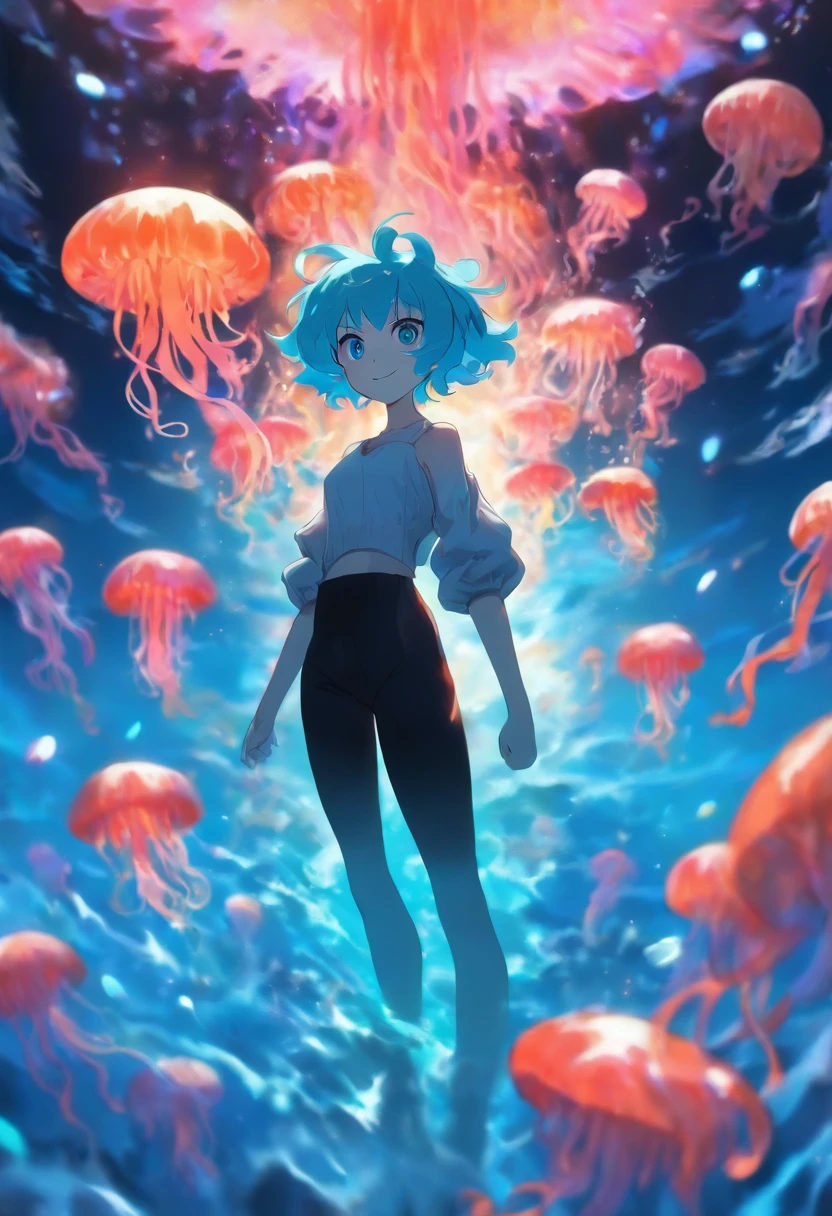 positive: Full body, Upright, Arms at sides, Looking at Viewer, (Simple black background), 1girl in, Short hair, Open mouth, Smile, sky blue hair , Eyes without highlights, Feminine clothing, White hat, Virtual Youtuber, heterochromia iridis, With orange right eye (( Blue left eye)), Jellyfish motif, Black shoes, (White clothes) With a black line -: Bad anatomy, Bad hands, Missing fingers, extra digit ,Fewer digits, Cropped ,worst quality, Normal quality of low quality, (NSFW)
