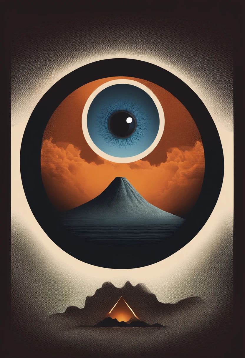 eye in the middle of a cloud of volcano smoke, Volcano erupting with eye on top, tons de azul, A minimalist icon that matches an eye (simbolizando sabedoria) e uma lua (representando o toque sombrio)., surrealismo, Portrait of a giant eye in the smoke of a volcano, mystic eye, nuvem de fumo com um olho, surrealismo