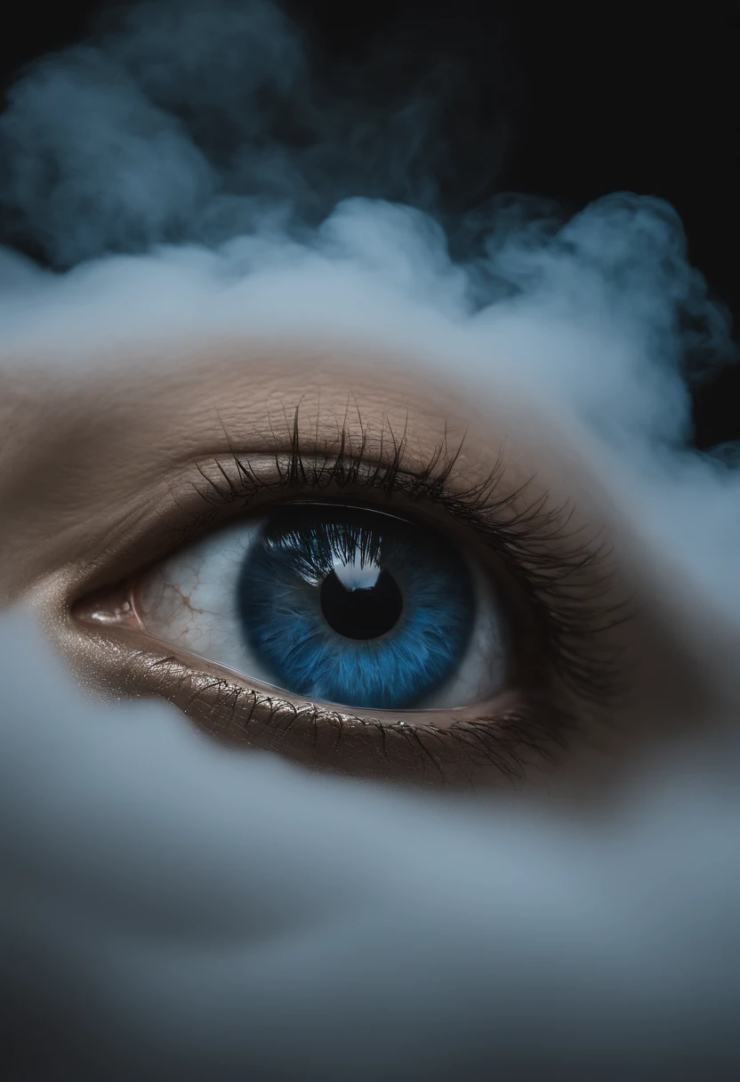 eye in the middle of a cloud of volcano smoke, Volcano erupting with eye on top, tons de azul, A minimalist icon that matches an eye (simbolizando sabedoria) e uma lua (representando o toque sombrio)., surrealismo, Portrait of a giant eye in the smoke of a volcano, mystic eye, nuvem de fumo com um olho, surrealismo