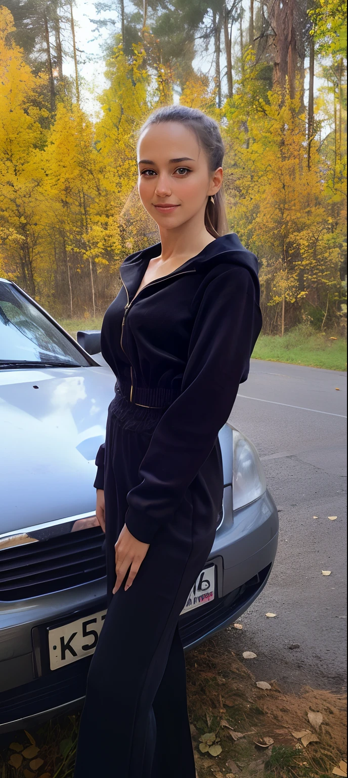 handsome girl, in the woods, Autumn girl at the car, super quality,4k quality, foto realista, Hair gathered