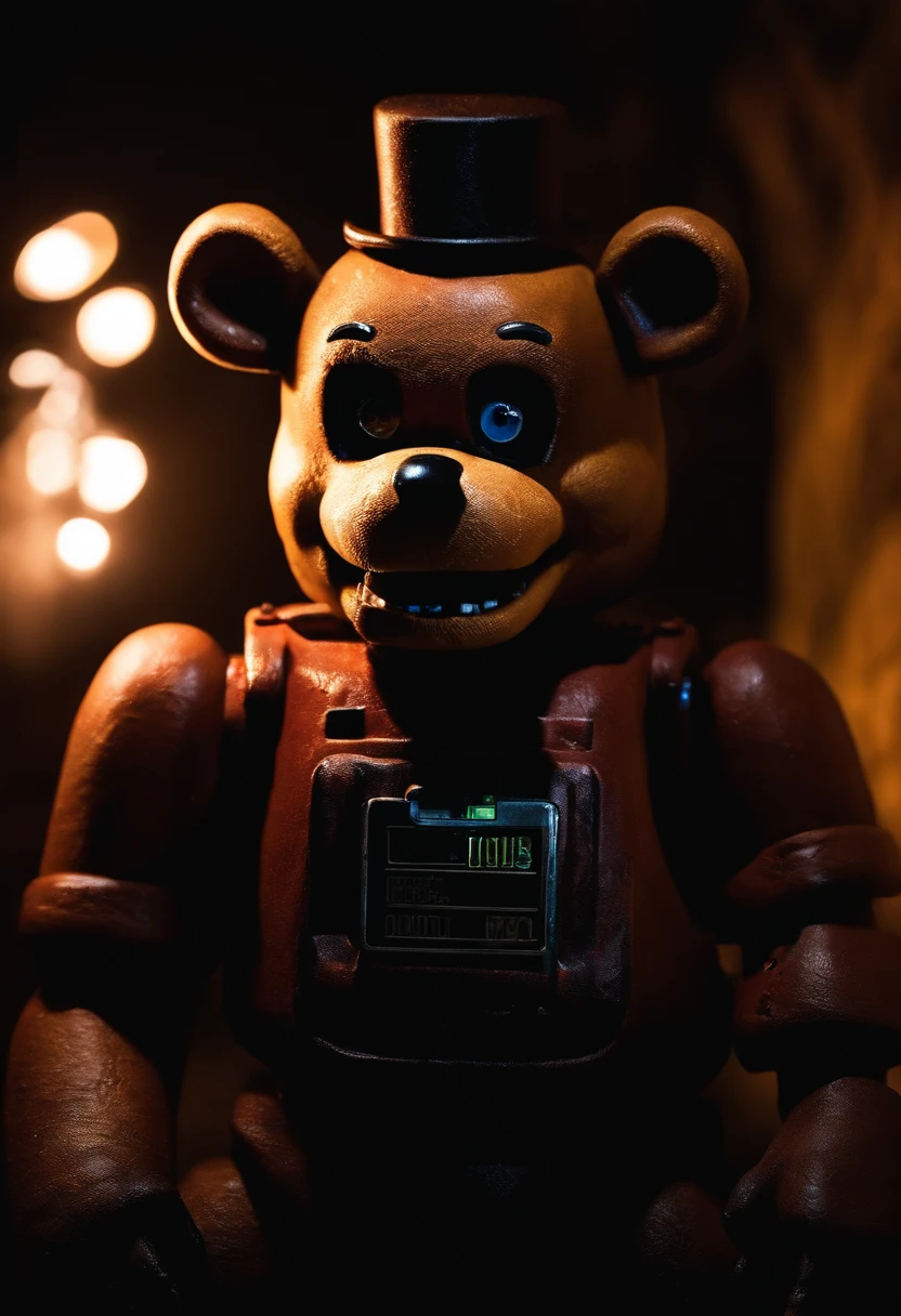 Freddy Fazbear looking at the camera in a frightening manner with the dark scenery behind illuminated by a flashlight