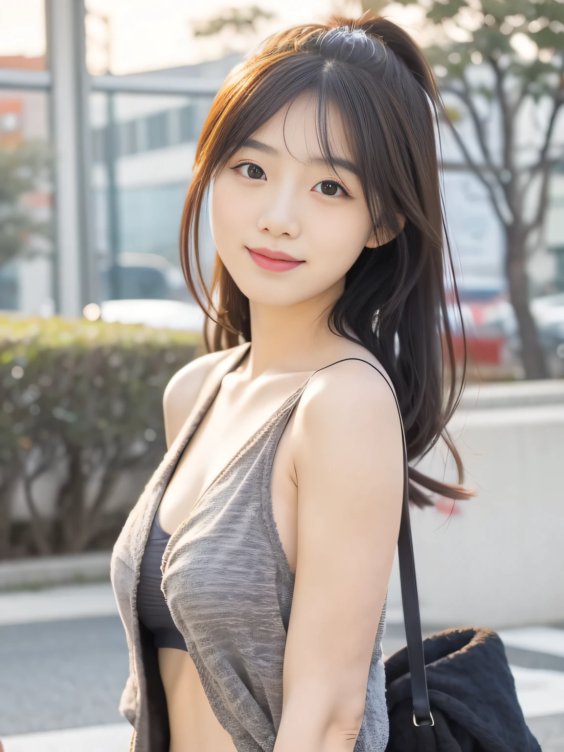 (a gorgeous young korean lady, detailed face with large expressive eyes, long eyelashes, symmetrical face, delicate features, ample bosom, kind smile, wearing black top and short skirt, standing on city street, highly detailed, 8k, masterpiece, masterful lighting, cinematic composition, photorealistic, volumetric lighting, vibrant colors, elegant, graceful, charming, bokeh, the_cowboy_shot, late night)