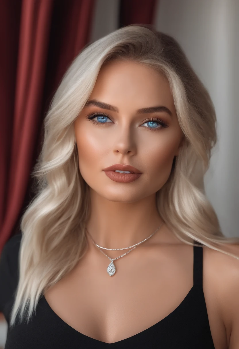 realistic white female instagram influencer, best quality, blonde, 1 girl, blue eyes, in black tight short dress