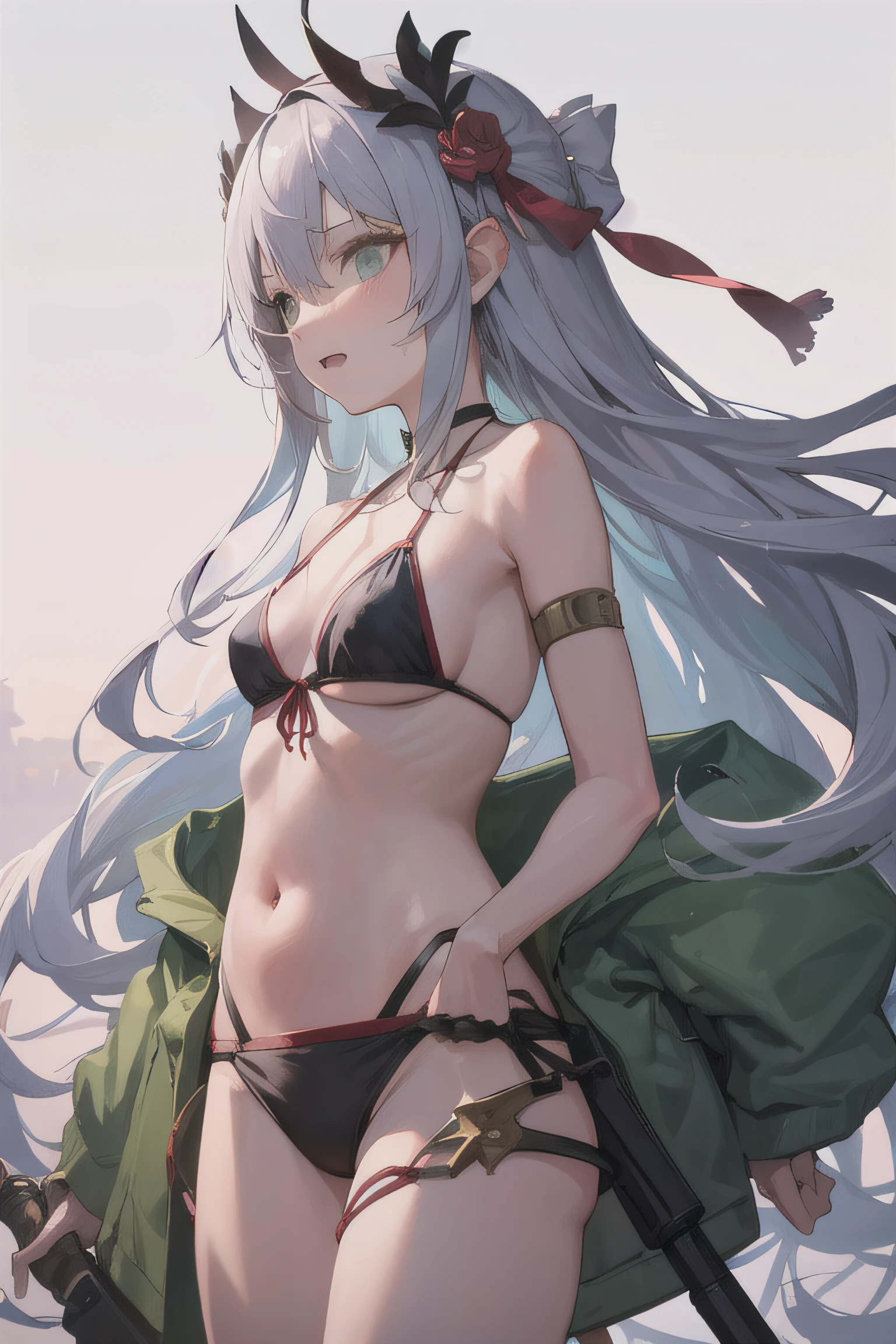 1 girl in, (masutepiece: 1.1), (Best Quality: 1.1), Colorful bikini, (Beach: 1.1)、From below、Cowboy Shot, Silver hair, Long hair, Green eyes, Side view,