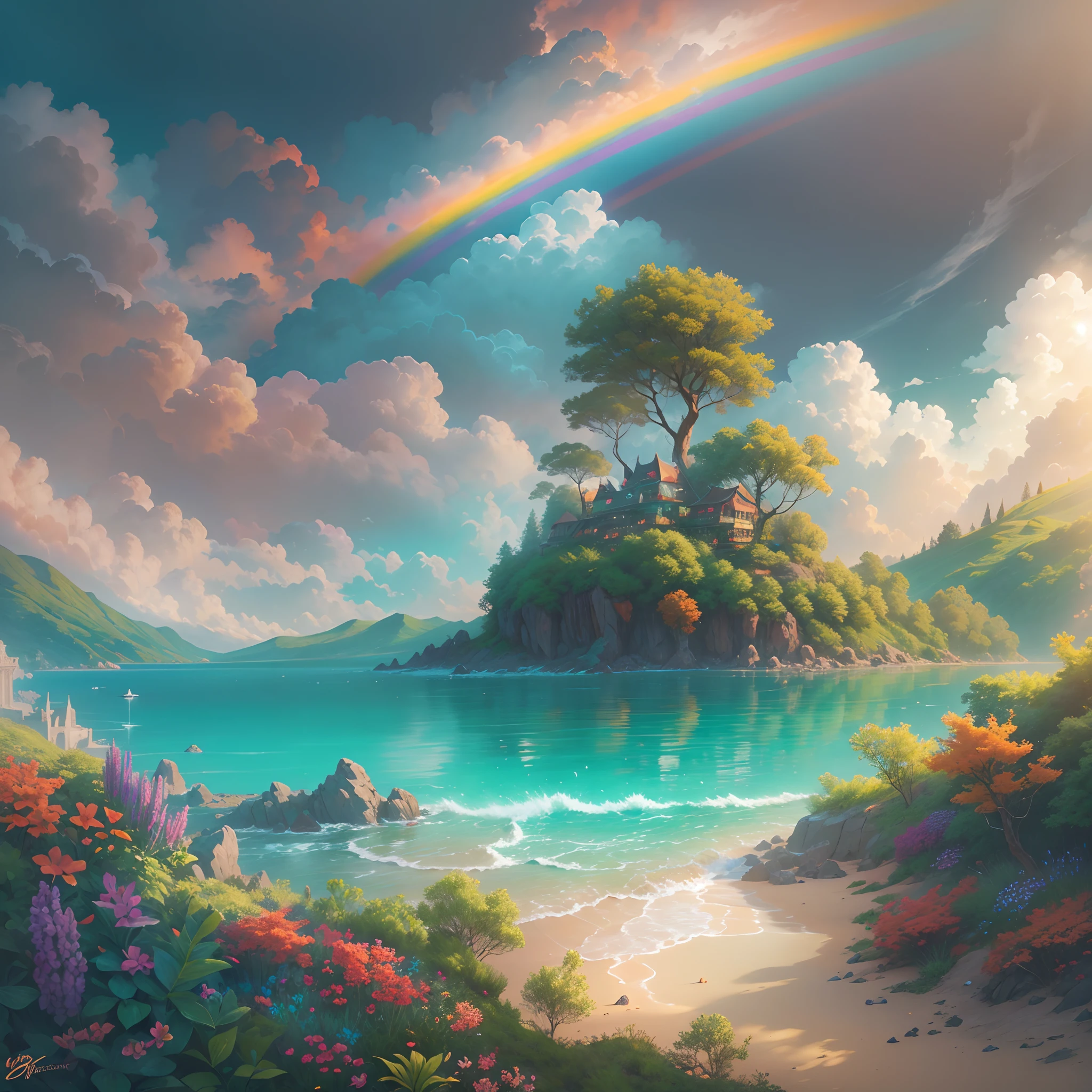 landscape,rainbow in the sky,A luxurious horizon,Sparkling seawater,Lush greenery,exotic plants,mysterious creature,Fantasy world,Enchanting atmosphere,shining sun,Soft clouds,dreamlike landscapes,magical aura,serenity and calm,Untapped beauty,A harmonious blend of tones,Endless wonders,Best quality,4K,8K,A high resolution,Masterpiece:1.2,Vibrant colors,