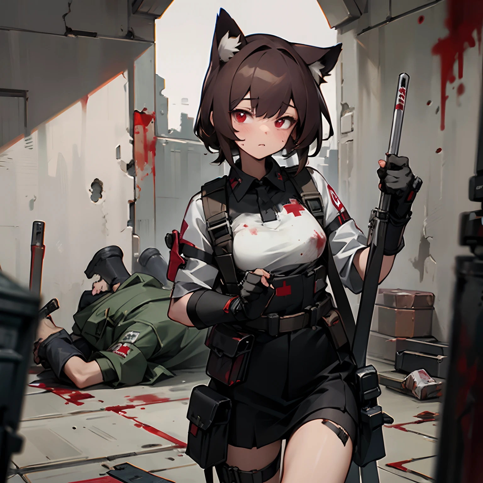 1 girl, masterpiece, 8k, artstation, ultra high quality, ultra high detail, ultra high resolution, glowing red eyes, brown hair, cat ears, gloves, doctor, combat medic, military, tactical, (pouches), tactical pouches, battlefield, close quarters combat, blood, black uniform, red cross, first aid, suture kit, dead bodies, indoors, bodies on the floor, pool of blood, bullet holes, war zone, medkit, hospital, patient, grave injury, medical clothes, doctor's attire