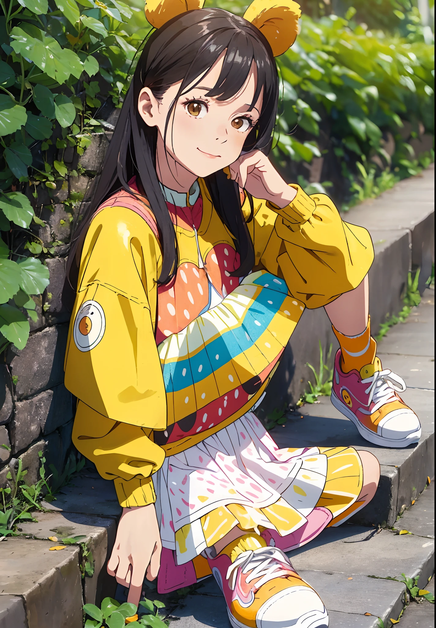 (cool outfit + women's clothing + long hair), orange and yellow short skirt, hand pockets, shallow smile on the face, patterned strawberry socks, colorful sneakers, natural sunlight, bright white and dark parts, a small amount of Pooh Bear (2 pcs). --auto --s2