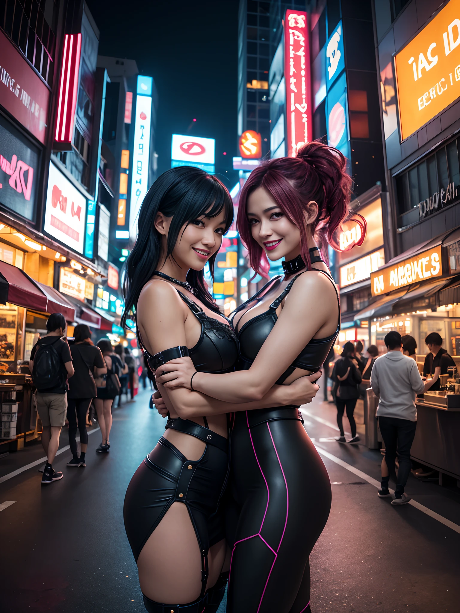 masterpiece, best quality, 2 ((smiling)) cyberpunk girls standing together, Harajuku-inspired cyberpunk body harness, bold colors and patterns, eye-catching accessories, trendy and innovative hairstyle, dazzling Cyberpunk cityscape, skyscrapers, glowing neon signs, LED lights, anime illustration, detailed skin texture, detailed cloth texture, beautiful detailed face, intricate details, ultra detailed, cinematic lighting, strong contrast.