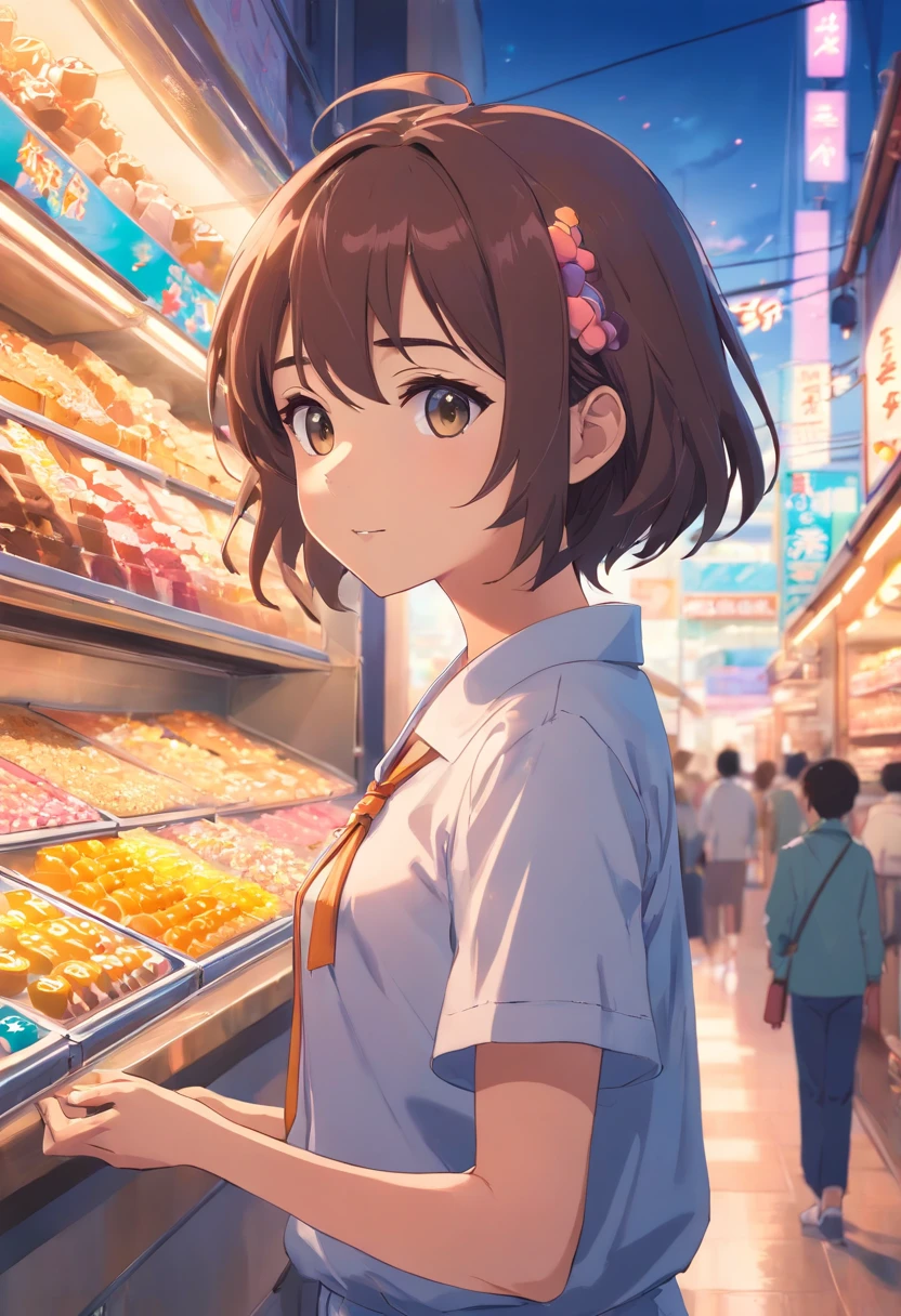 Scenery full of sweets,     ((estilo anime)), cores vivas neon , uma garota estilo desenho  anime ,  a delicate facial features ,cabelos de cores de doce ,com roupas bem destacada ,alta resolução,