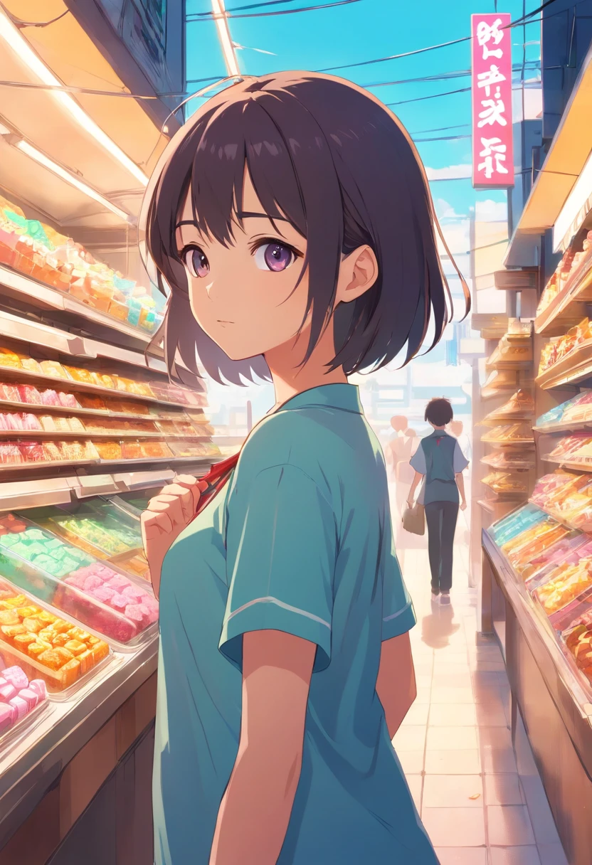 Scenery full of sweets, ((estilo anime)), cores vivas neon , uma garota estilo desenho anime , a delicate facial features ,cabelos de cores de doce ,com roupas bem destacada ,alta resolução,