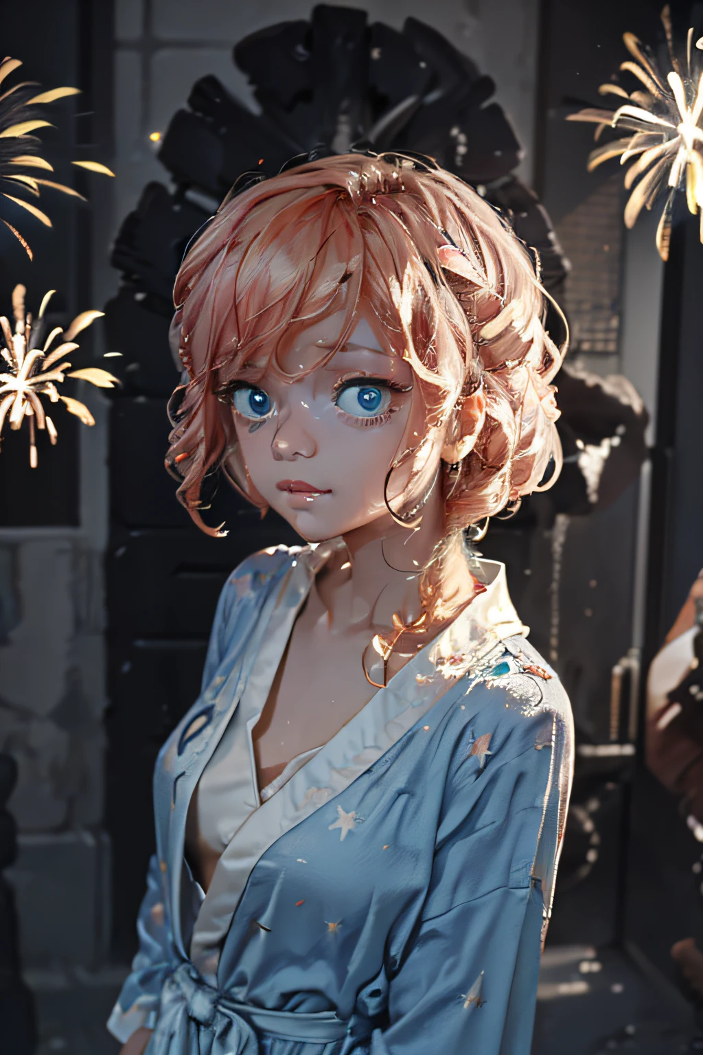 ((Masterpiece, Top quality, super definition, High definition)), Solo, Beautiful girl, Shining eyes, Perfect eyes, 16 years old, Blue Themes, bathrobe, Fireworks