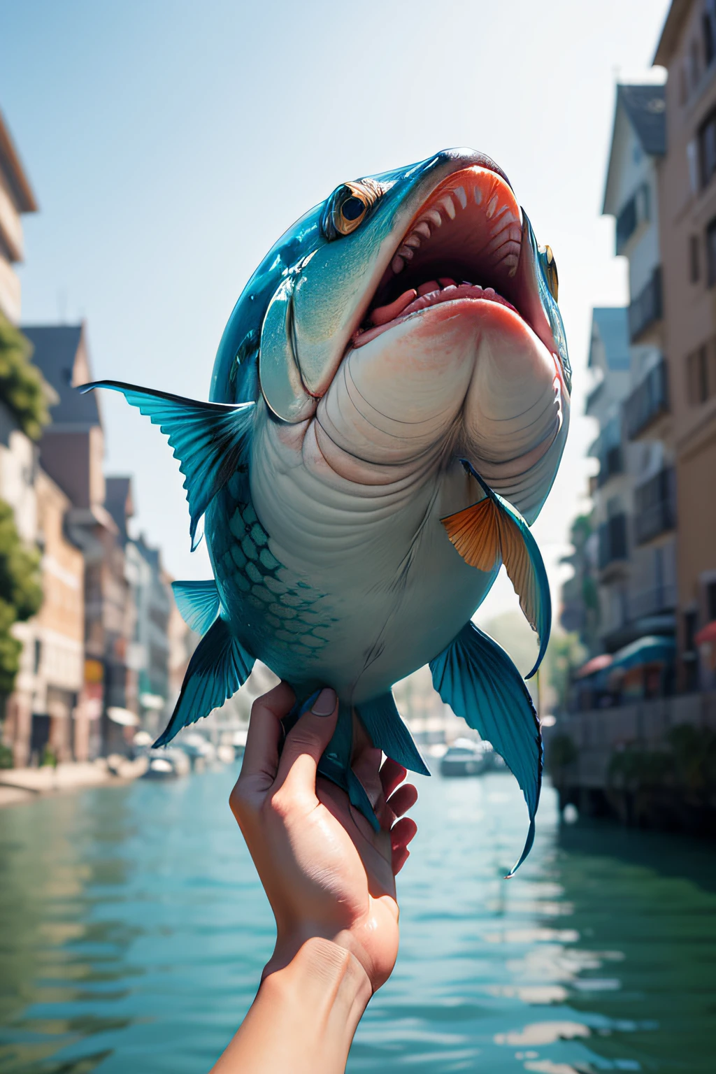 Create a humorous illustration of a person holding a fish suspiciously. Make the scene comical by showing the suspicious nature of the situation