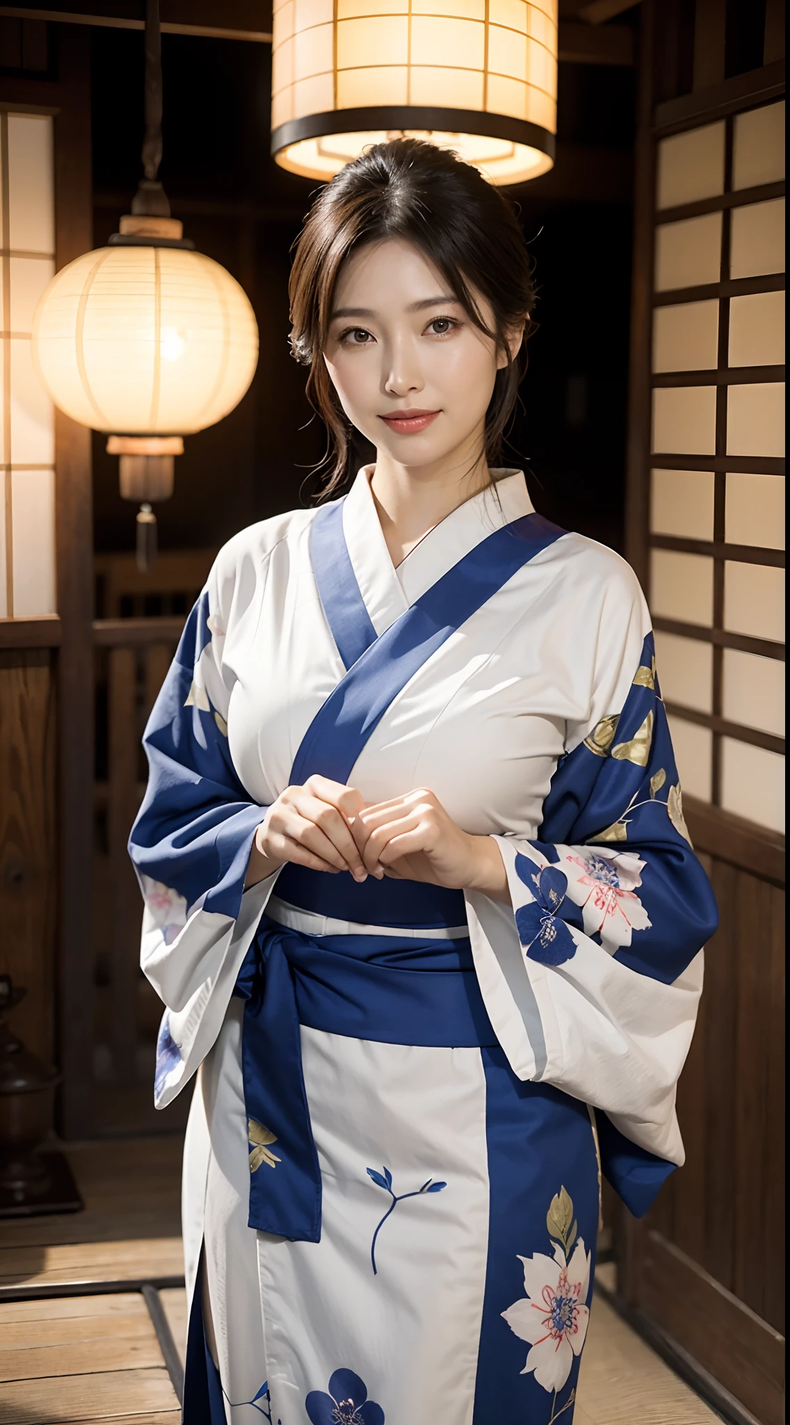 Beautiful Mature Woman VN03, Bewitching beautiful mature woman、40 years、stature 154cm、well-proportioned figure、The figure of the hourglass、Japan in a yukata、Yukata at Japan Ryokan、Shoulder out、鎖骨、model in Japan、Japan sensual woman, Gorgeous Japan Woman, goddess of Japan, A smile、Raw photo, (in 8K、top-quality、masterpiece:1.2)、(intricate detailes:1.4)、(Photorealsitic:1.4)、octane renderings、Complex 3D rendering ultra detail, studio lights, Rim Lights, vibrant detail, super detailing, realistic skin textures, Detail Face, Beautiful detail eyes, Very detailed CG Unity 16k wallpaper, make - up, (detailedbackground:1.2), shinny skin、