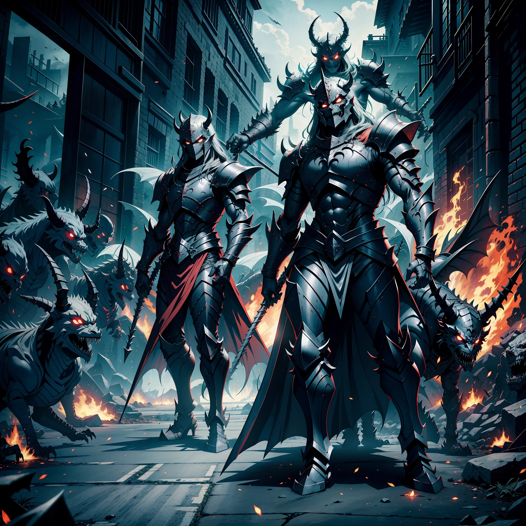 three heroes bow sword magic girl boy magician enemy minotaur with thinking axes boy and girl magician attacking the minotaur computer game game over everyone&#39;s head with HP and manna