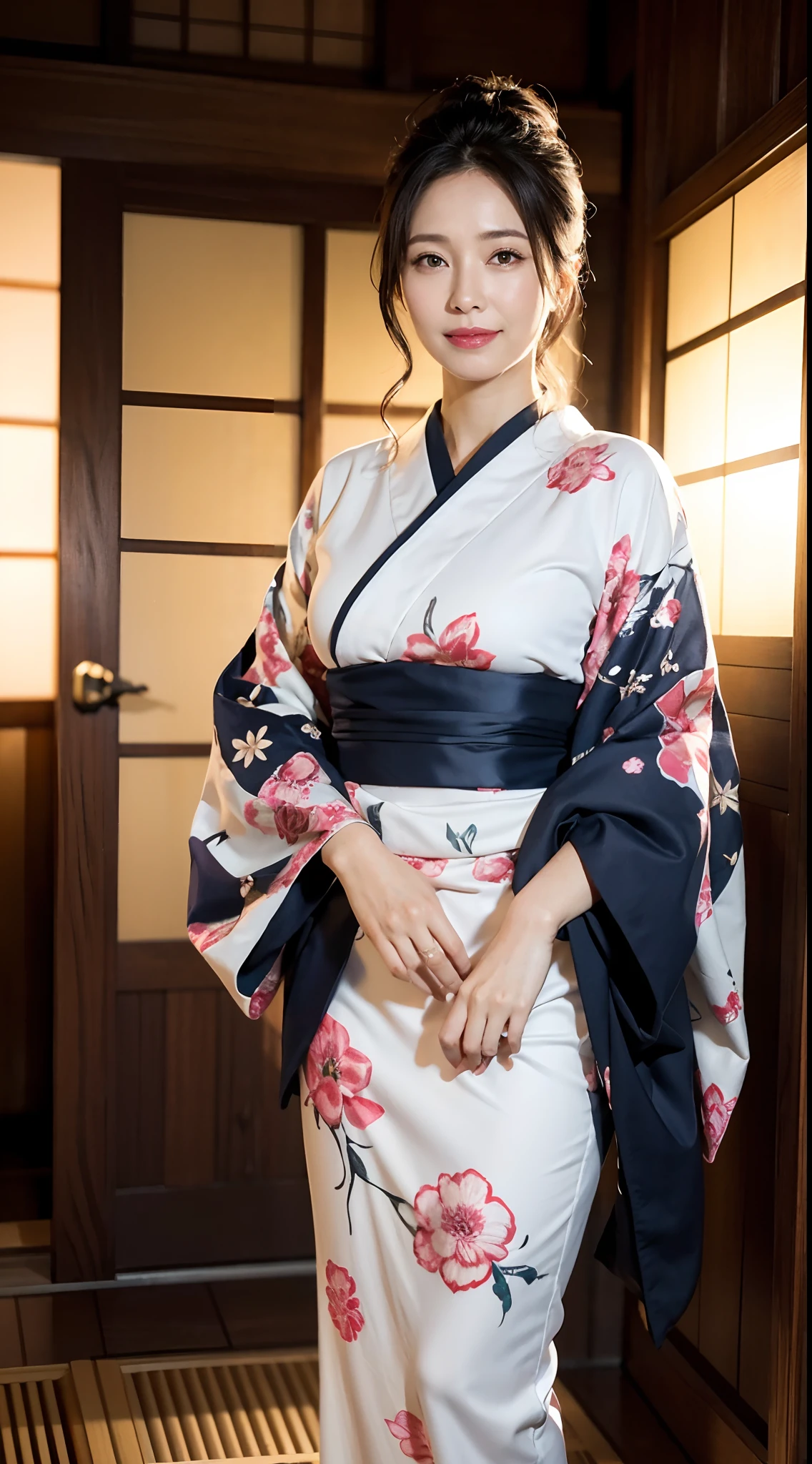 Beautiful Mature Woman VN03, Bewitching beautiful mature woman、40 years、stature　154cm、well-proportioned figure、The figure of the hourglass、Japan in a yukata、Yukata at Japan Ryokan、Shoulder out、鎖骨、model in Japan、Japan sensual woman, Gorgeous Japan Woman, goddess of Japan, A smile、Raw photo, (in 8K、top-quality、​masterpiece:1.2)、(intricate detailes:1.4)、(Photorealsitic:1.4)、octane renderings、Complex 3D rendering ultra detail, studio lights, Rim Lights, vibrant detail, super detailing, realistic skin textures, Detail Face, Beautiful detail eyes, Very detailed CG Unity 16k wallpaper, make - up, (detailedbackground:1.2),　shinny skin、