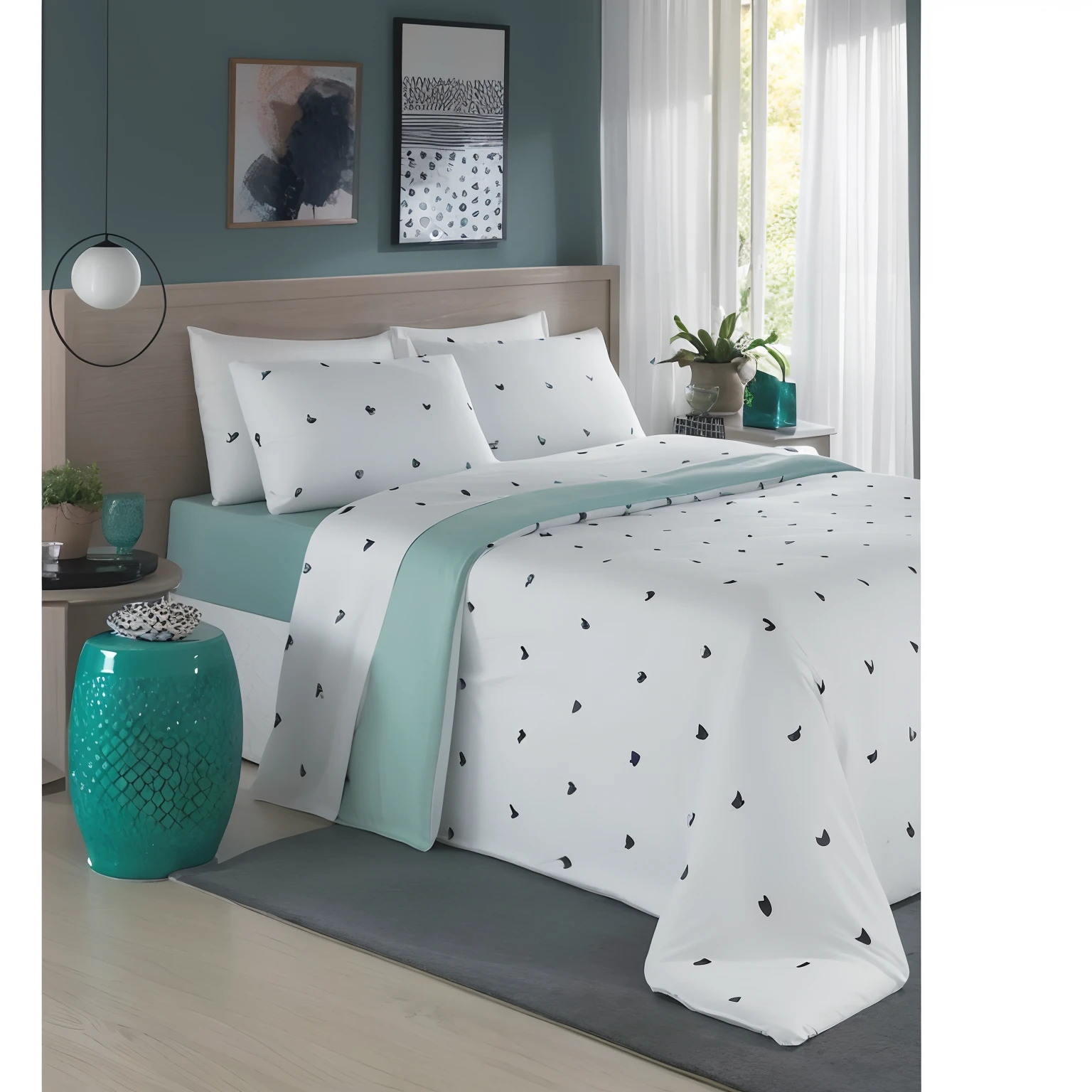 um close up de uma cama com um edredom branco e verde, 3 - piece, a.C, imagem detalhada, cama, BL, !!Beautiful!!, F22, f 2 2, item, bedsheet, Doruk Erdem, Deco, White sheets, pattern, quarto, exploitable image, "Diamantes, cama branca, Boa noite, Ps, canopee