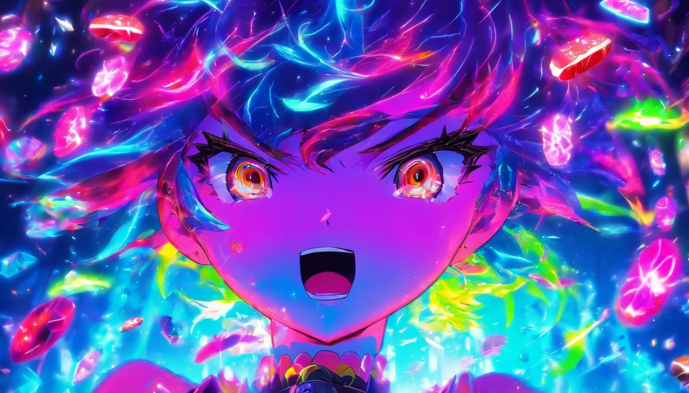 em um quarto repleto de doces, ((estilo anime)), cores vivas neon , uma garota estilo desenho anime , a delicate facial features ,cabelos de cores de doce ,com roupas bem destacada ,alta resolução,